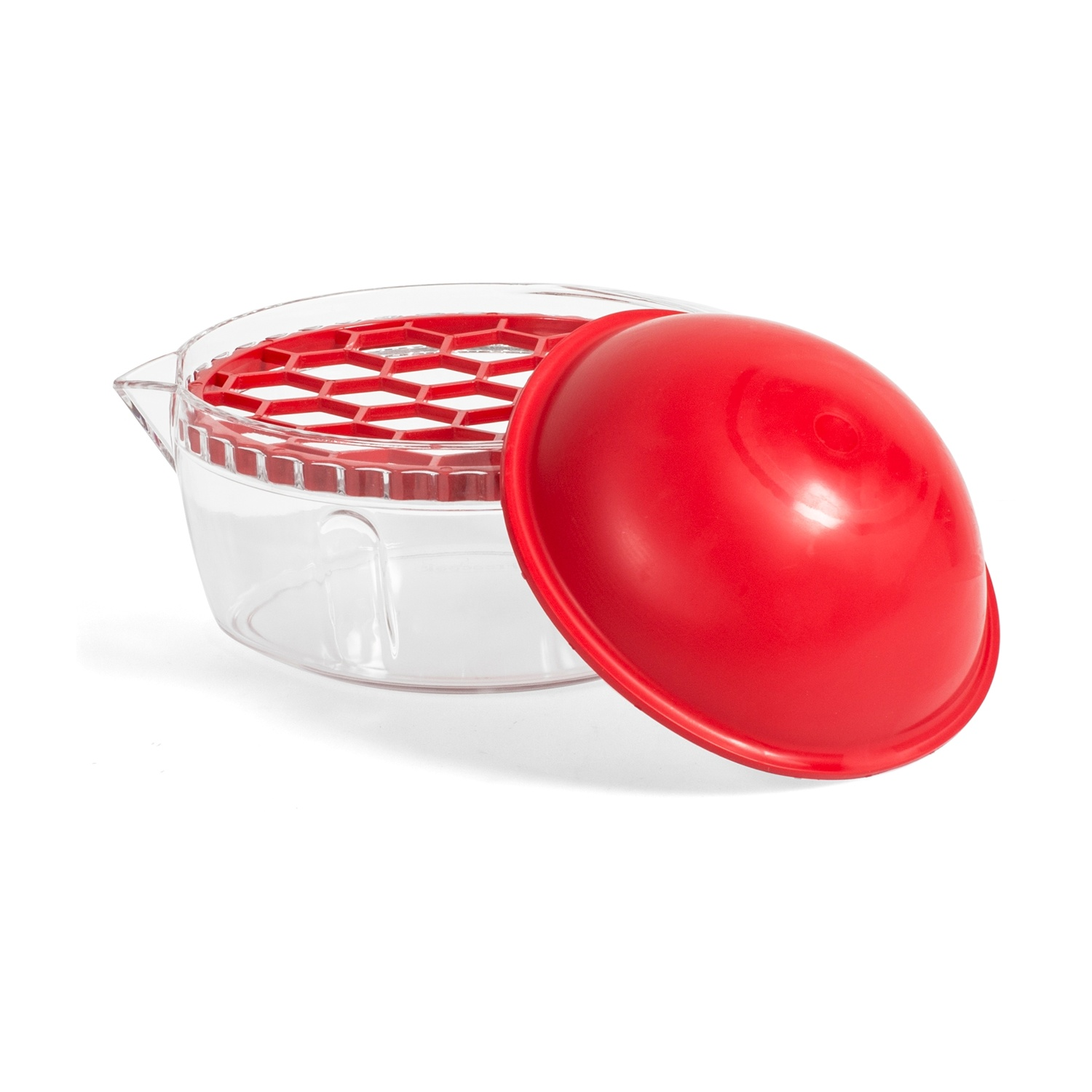 Ciotola trasparente con inserto a nido d'ape rosso e coperchio rosso su fondo bianco.