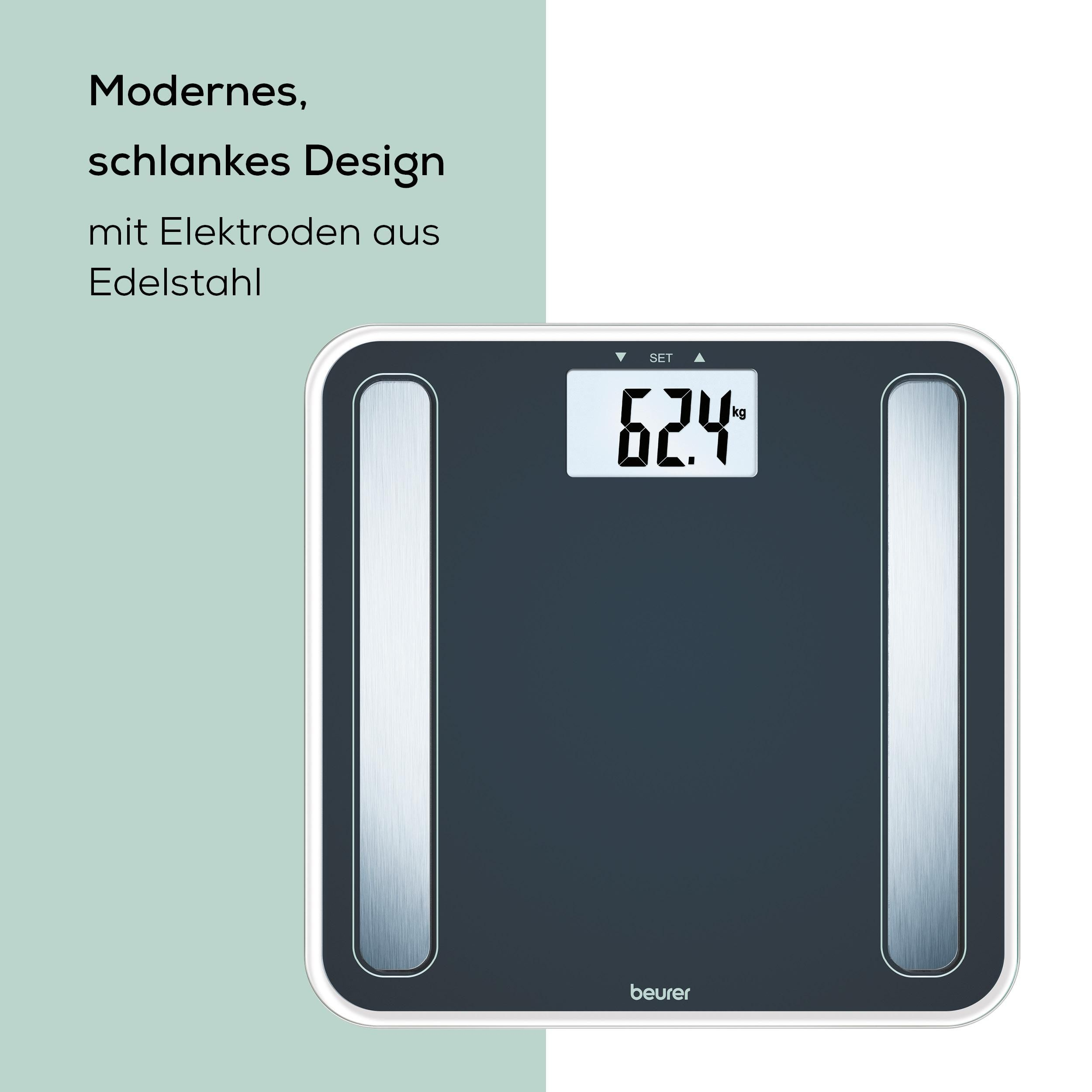 Digitale Personenwaage in dunklem Design mit Edelstahl-Elektroden und gut lesbarem LCD-Display.