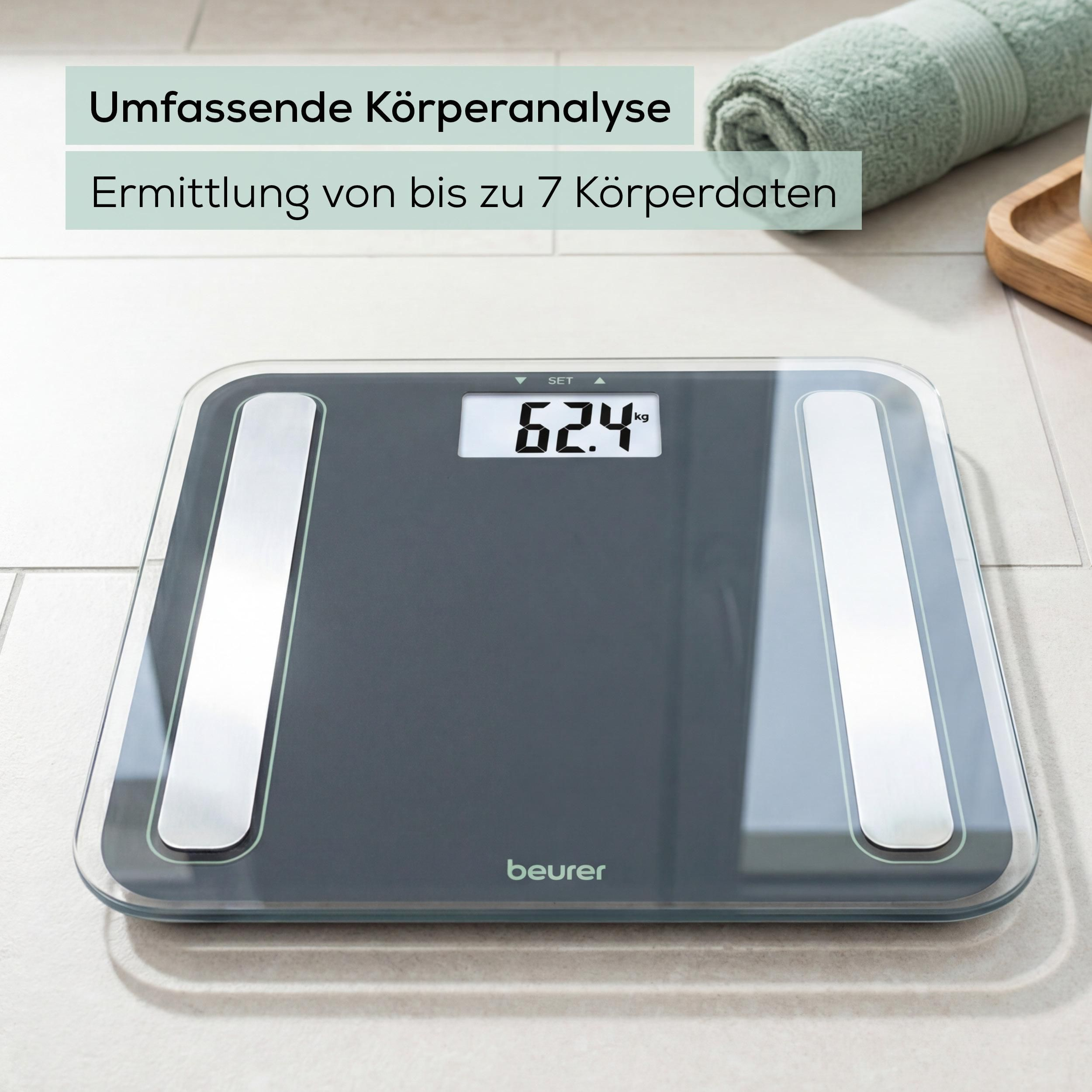 Digitale Personenwaage auf hellem Fliesenboden mit Textoverlay zur Körperanalyse.