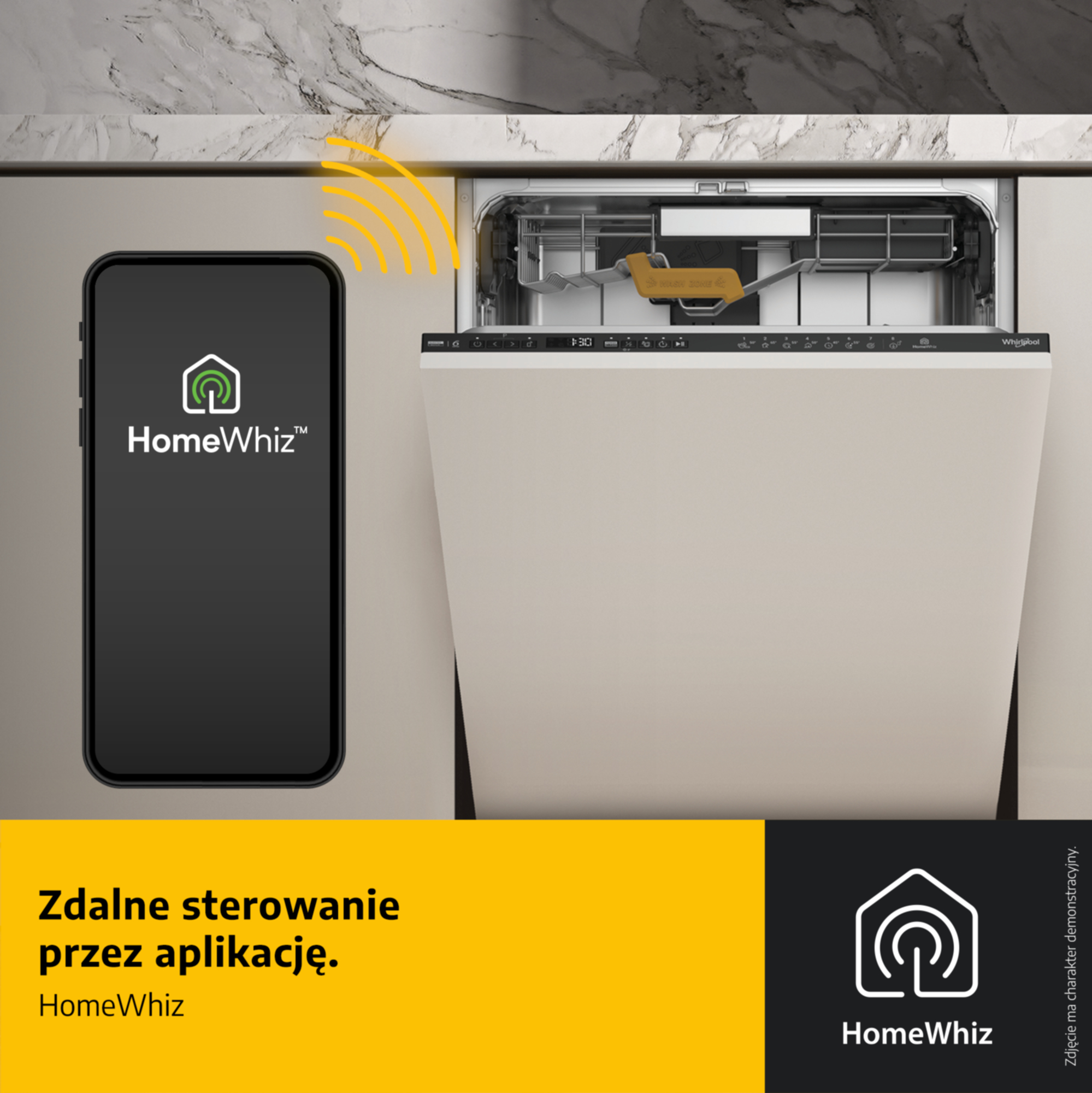 Smartfon z aplikacją HomeWhiz łączy się bezprzewodowo z nowoczesną zmywarką.
