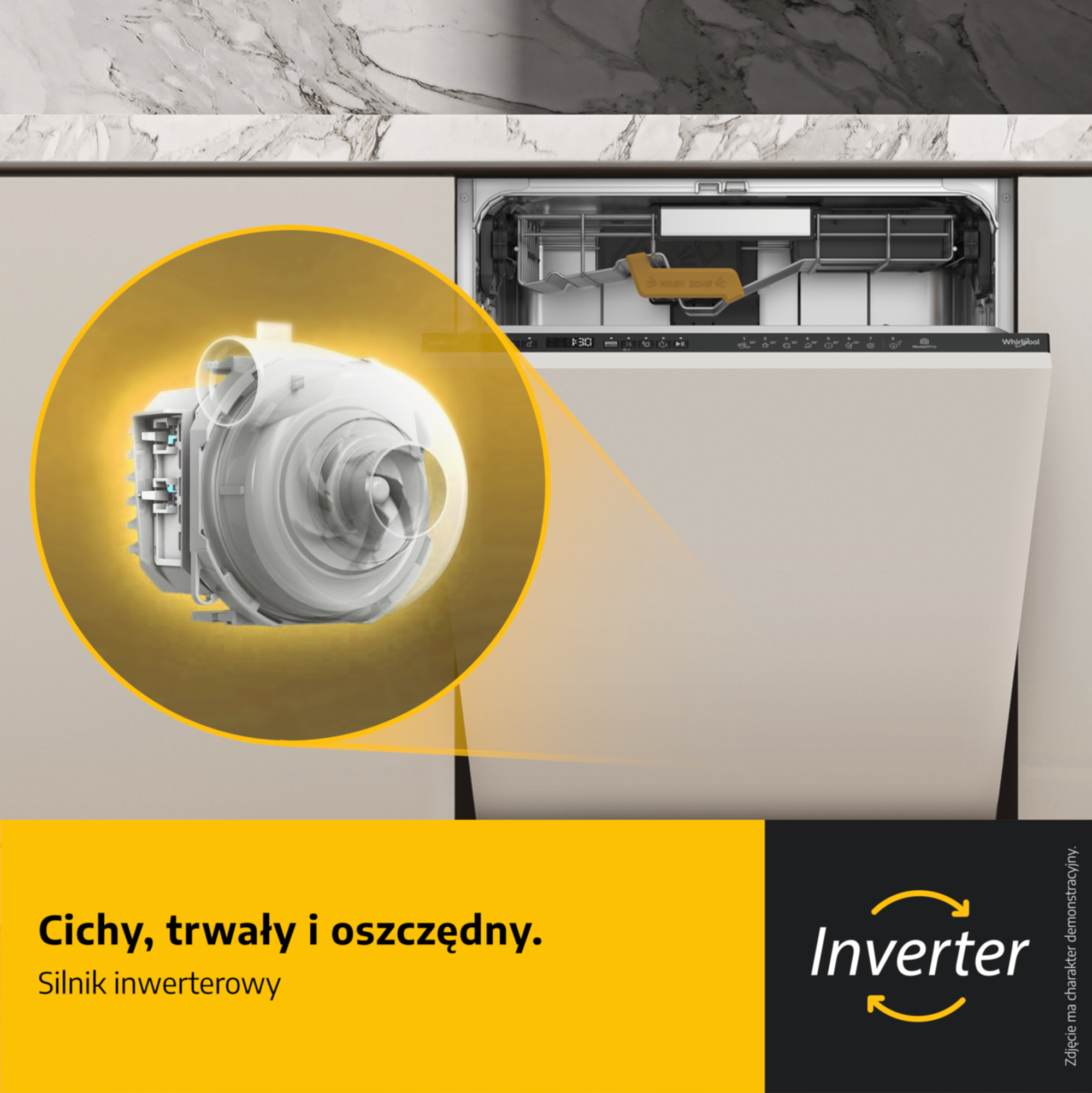 Zmywarka Inverter z wyróżnionym cichym, trwałym silnikiem inwerterowym w żółtym kole.