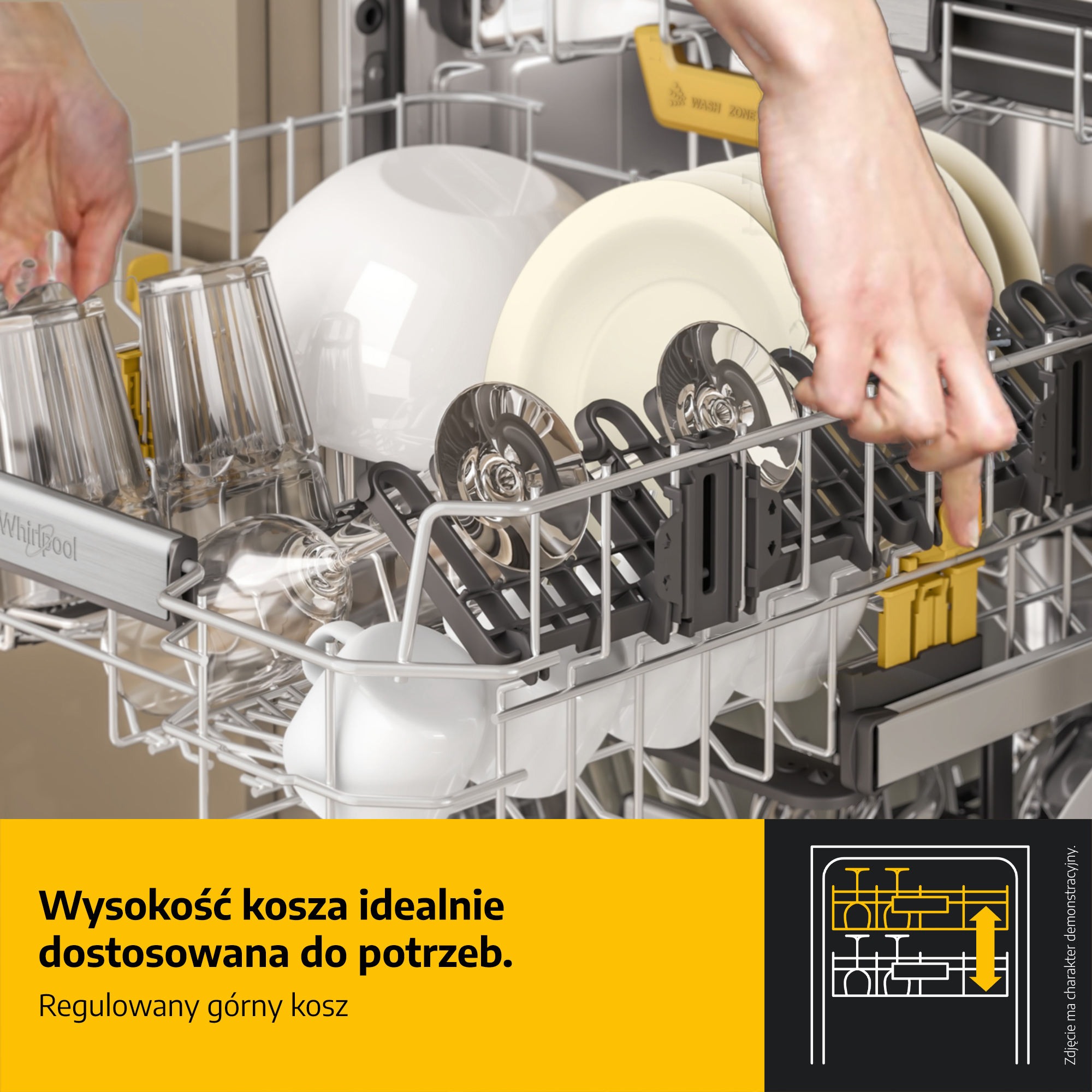 Ręce regulują wysokość górnego kosza w zmywarce.