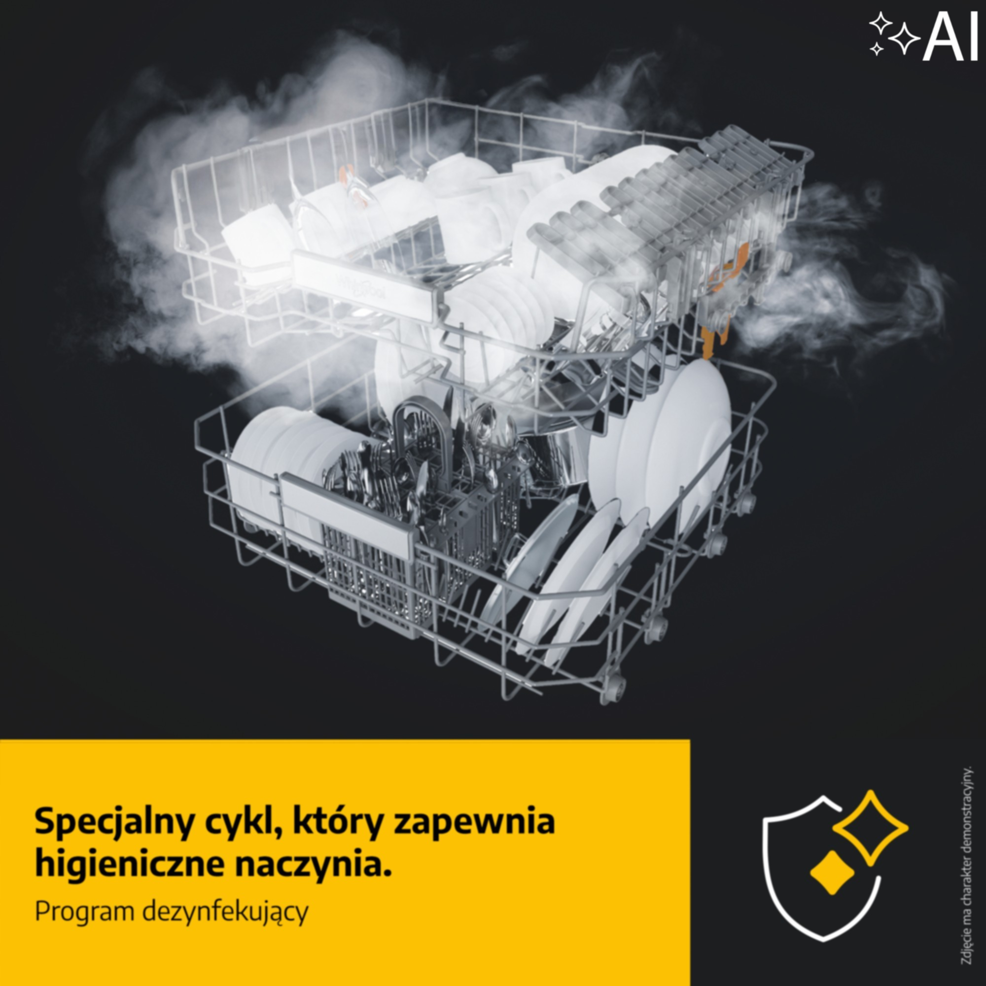 Kosze zmywarki wypełnione naczyniami w unoszącej się parze, żółte pole tekstowe i ikona tarczy.