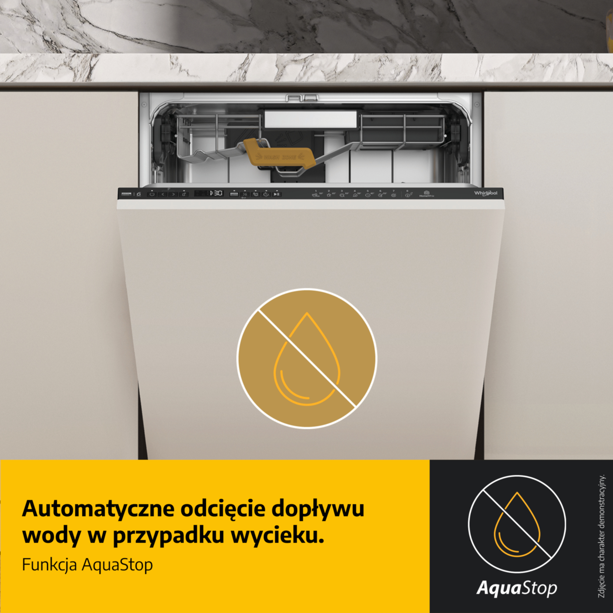 Zmywarka do zabudowy z otwartymi drzwiami i żółtą ikoną AquaStop.