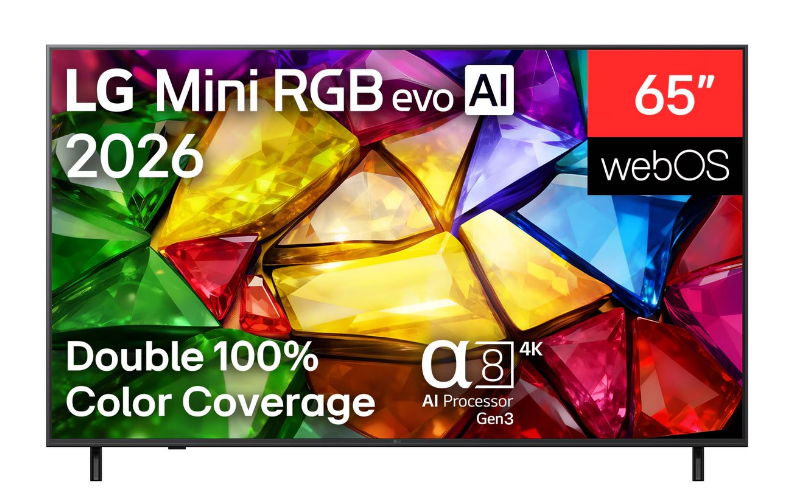 Renkli arka plana, webOS'e ve A8 AI Processor Gen3'e sahip LG Mini RGB evo AI 65 inç TV.