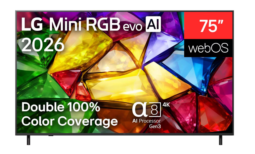 Renkli değerli taşlar, webOS ve %100 renk kapsamına sahip LG Mini RGB evo AI 2026 75 inç TV.