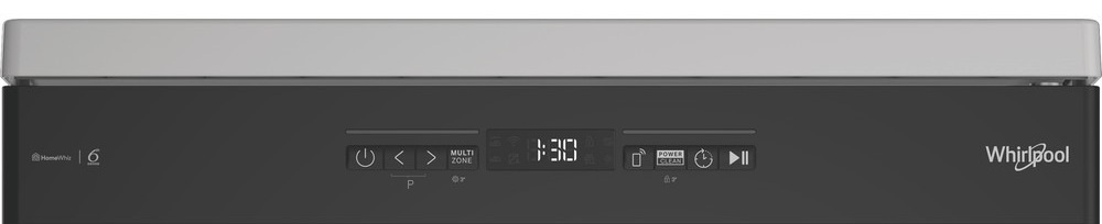 Panel sterowania czarnej zmywarki Whirlpool z cyfrowym wyświetlaczem i przyciskami.