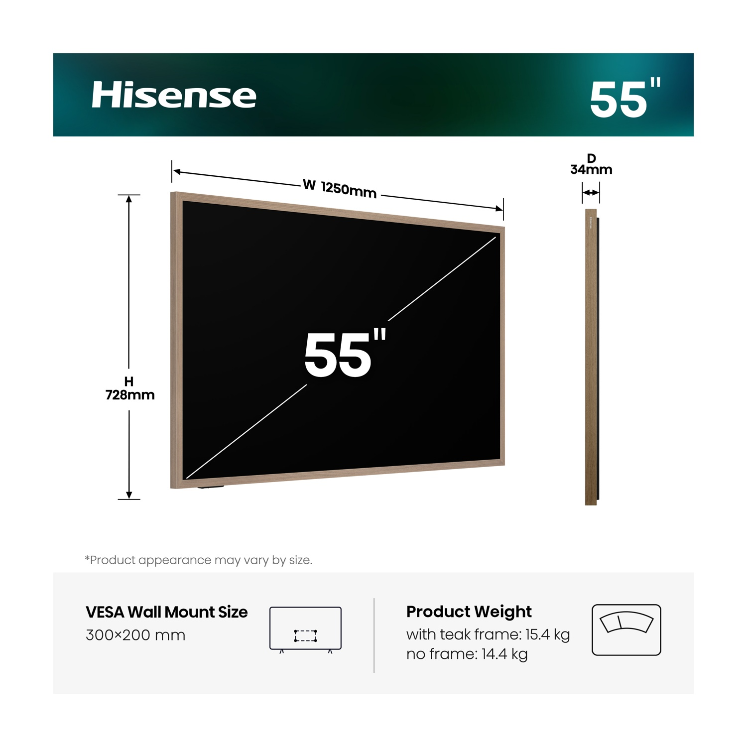 Televisore Hisense da 55 pollici con dimensioni, VESA e peso.