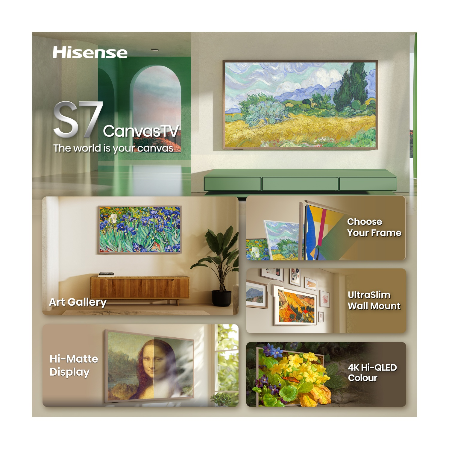 Pubblicità per Hisense S7 CanvasTV con galleria d'arte e schermo opaco.