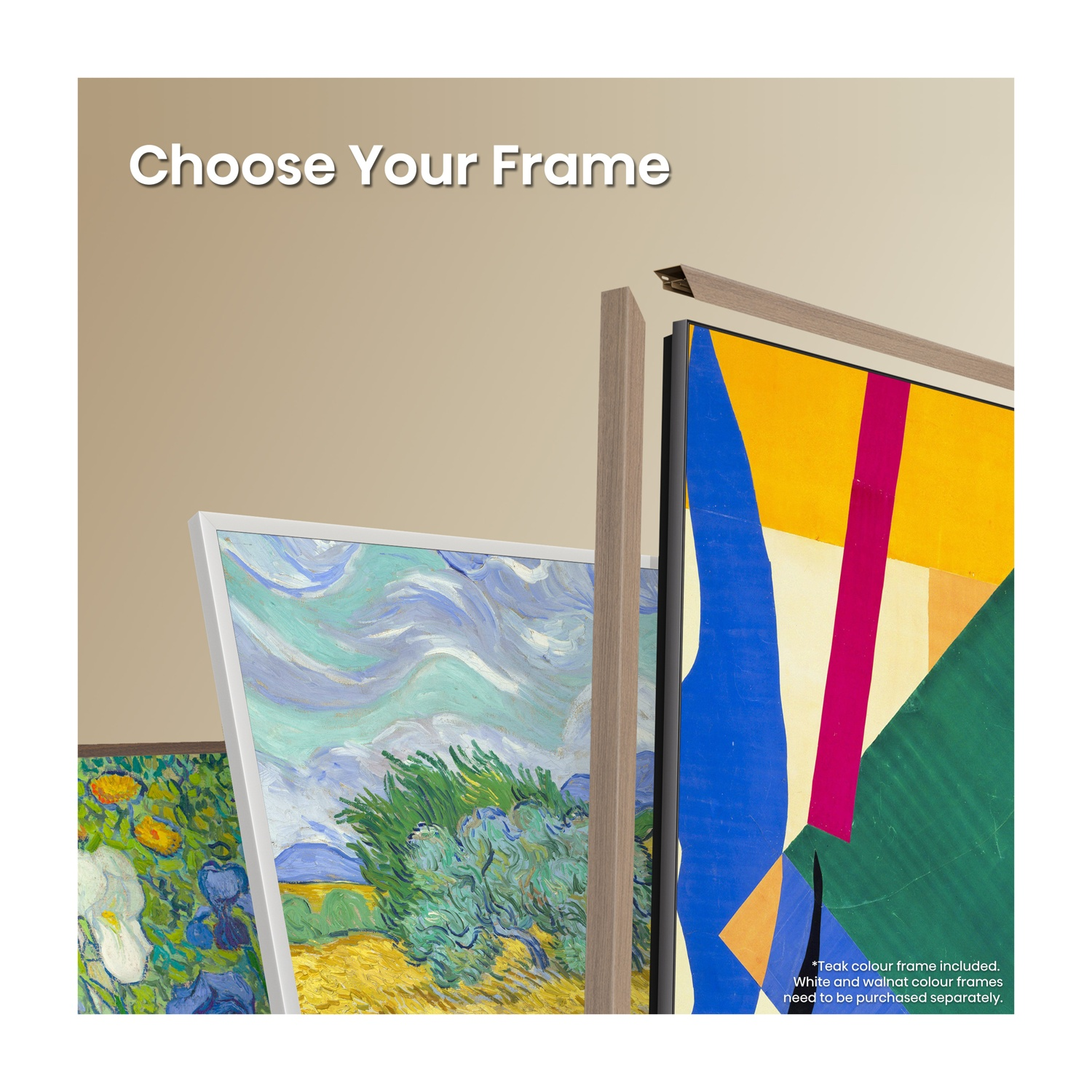 Varie opere d'arte colorate incorniciate e il testo Choose Your Frame.