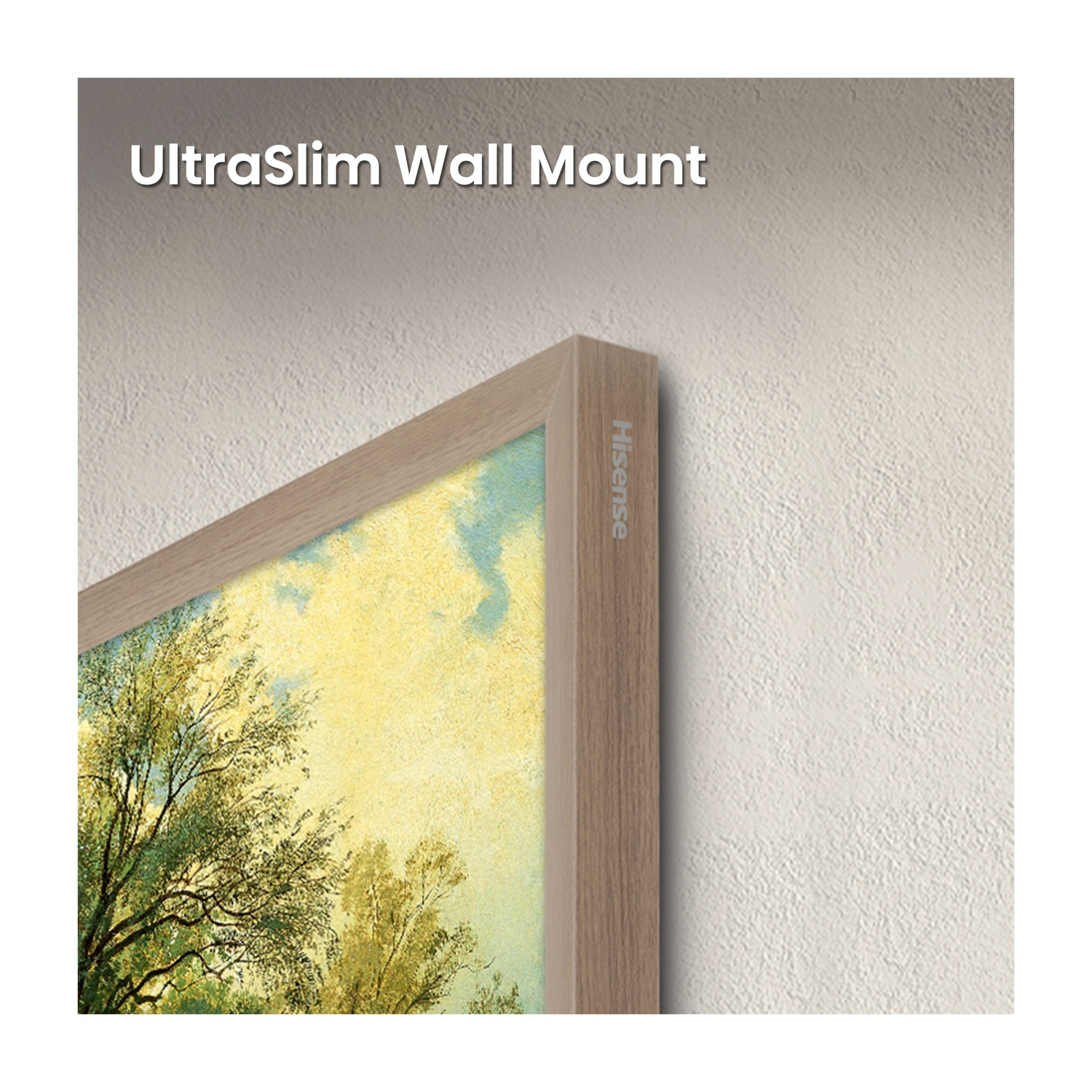 Supporto da parete UltraSlim che mostra una TV con cornice in legno su una parete strutturata.