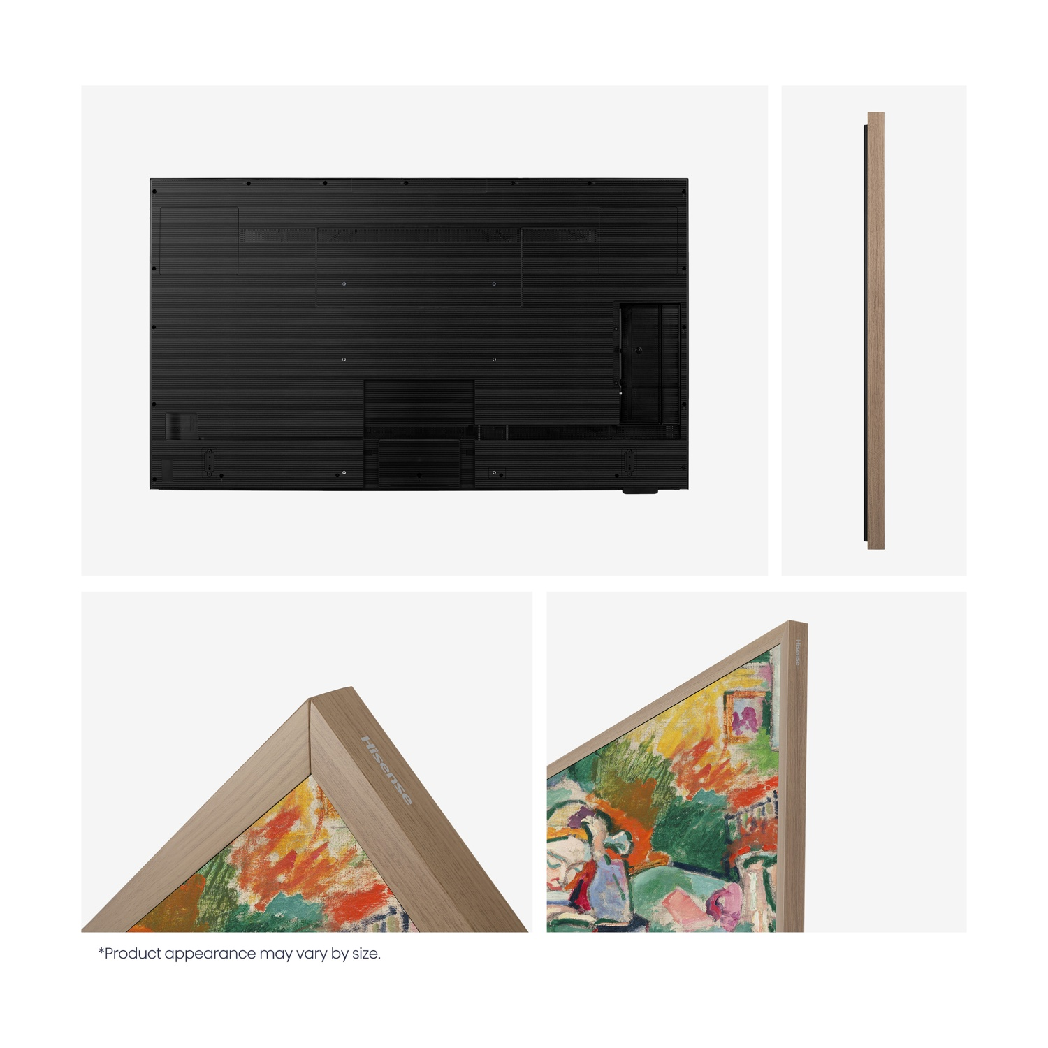 Vista di una TV sottile con cornice in legno e display artistico.