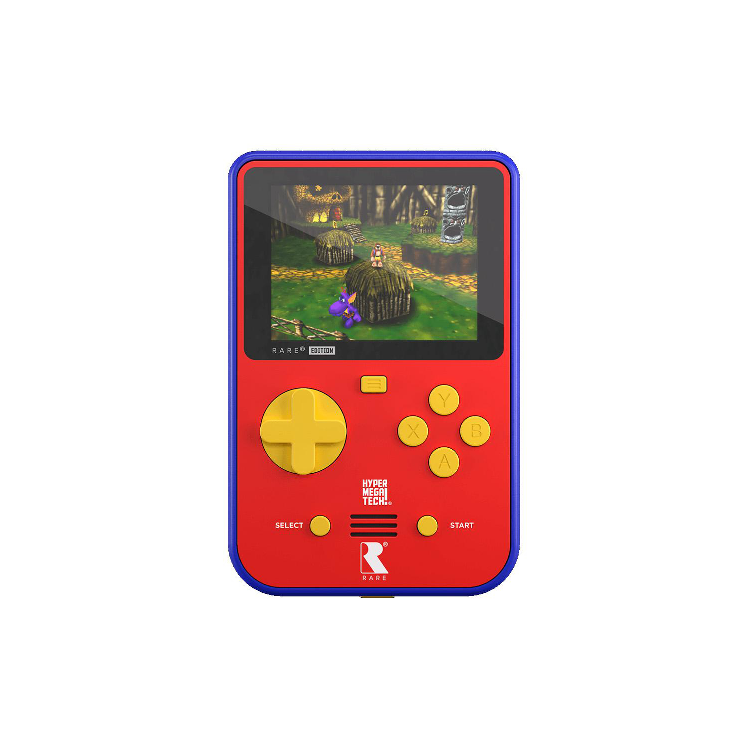 Eine rote und blaue Handheld-Spielkonsole mit einem Bildschirm, der ein 3D-Videospiel zeigt, und gelben Tasten.