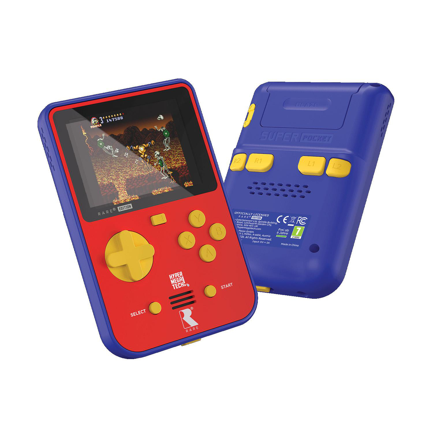 Eine rote und blaue Handheld-Retro-Spielkonsole mit gelben Tasten und einem Spiel auf dem Bildschirm.