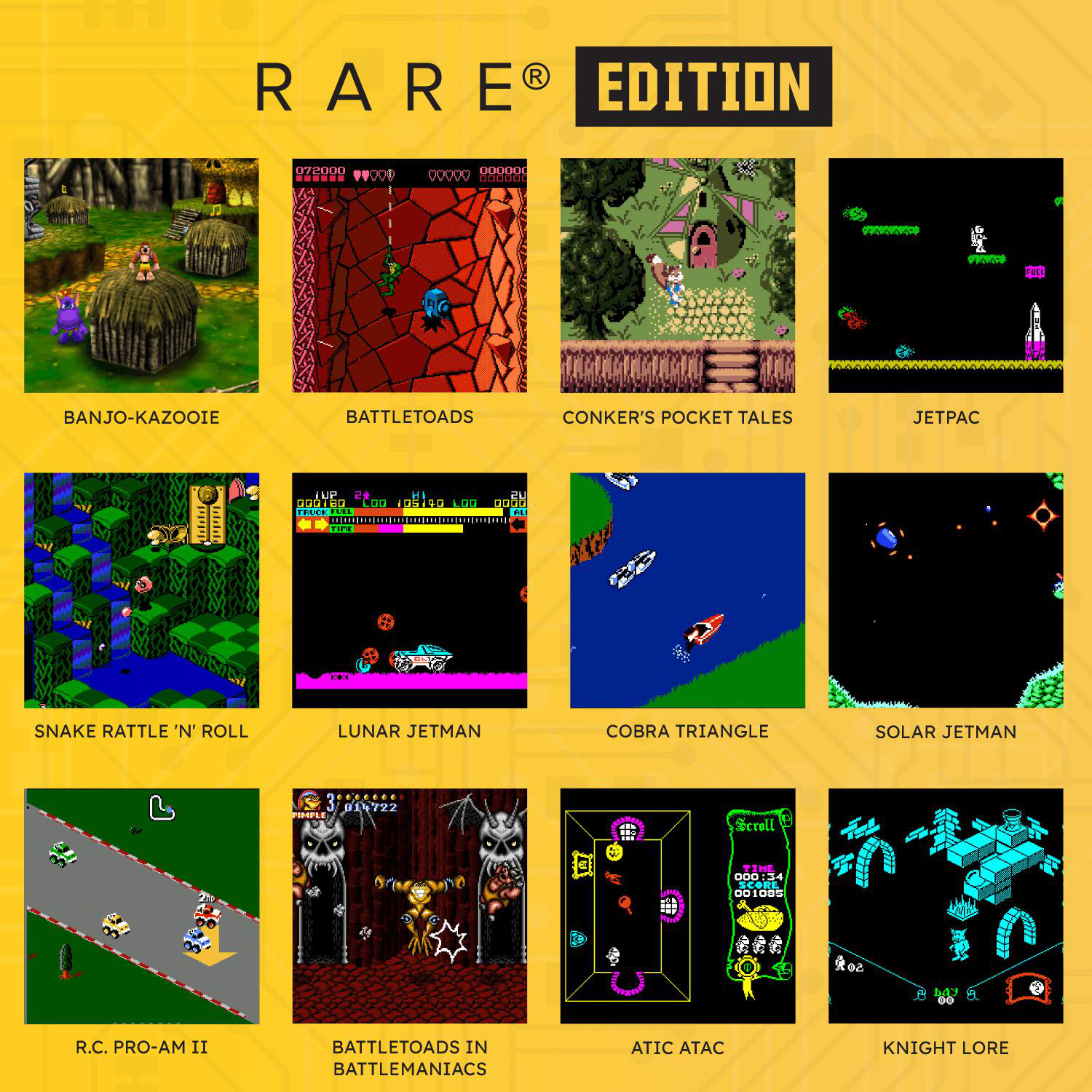 Eine collage aus zwölf klassischen videospielen der marke rare edition mit spieletiteln.