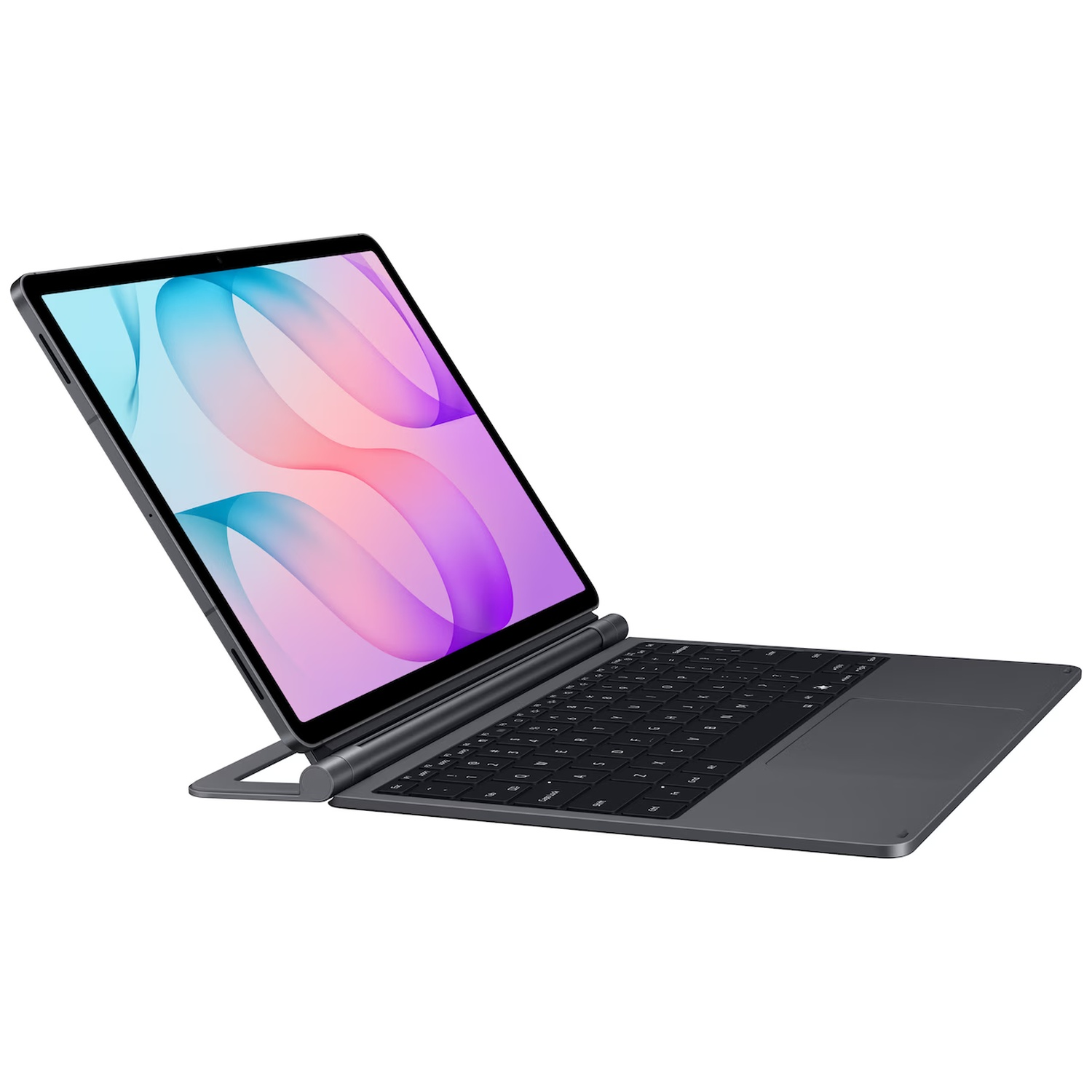 Een grijze tablet met een kleurrijk abstract display is bevestigd aan een afneembaar zwart toetsenbord.