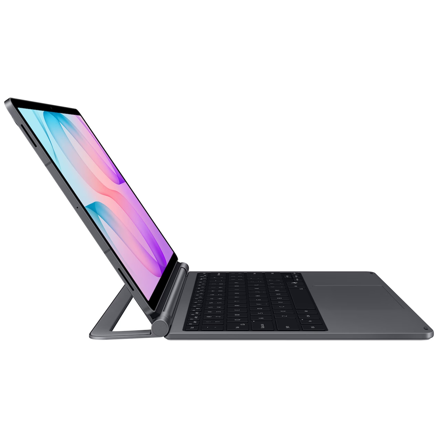 Zijaanzicht van een grijze tablet met standaard en gekoppeld toetsenbord, kleurenscherm.