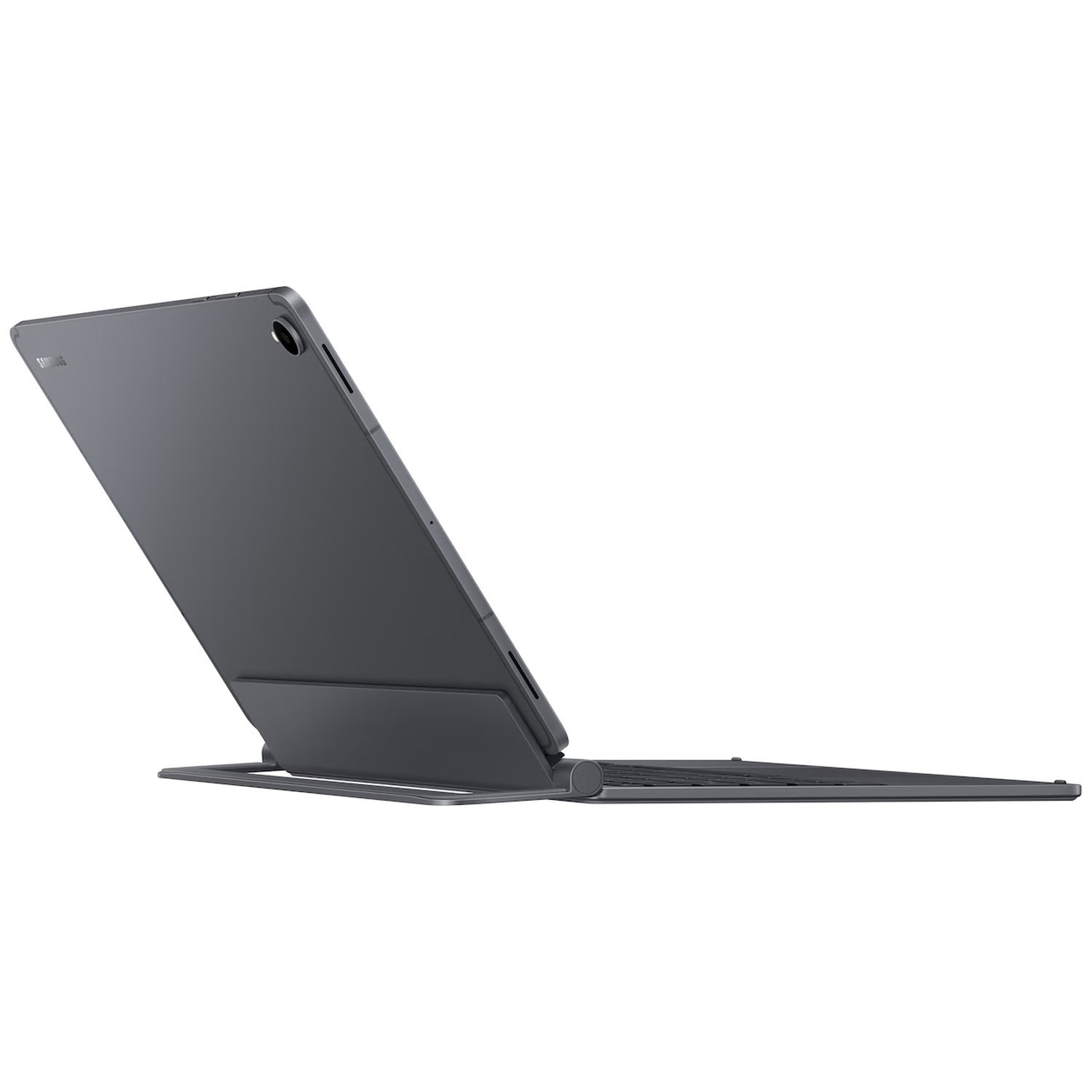 Grijze Samsung-tablet in beschermhoes met geïntegreerd toetsenbord, van achteren bekeken op een witte achtergrond.