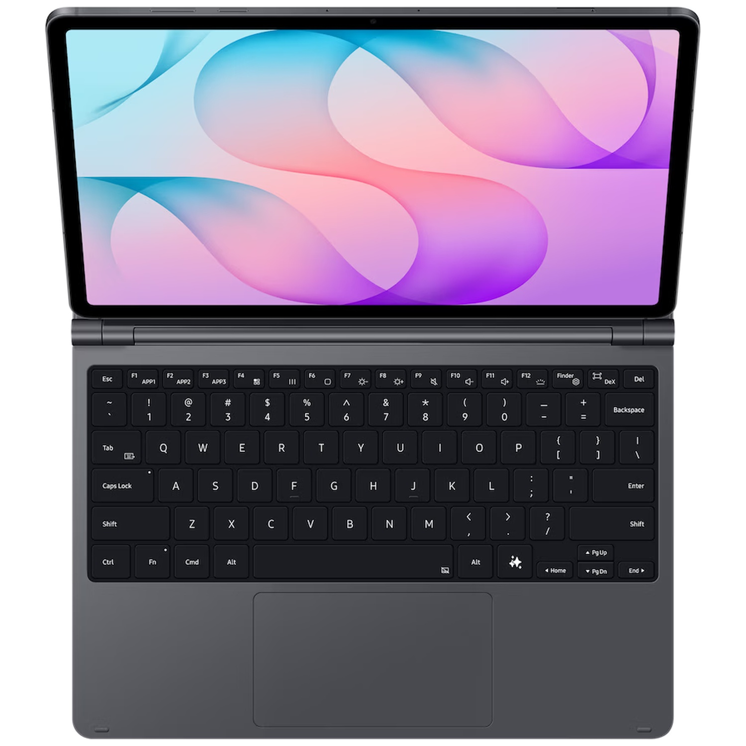 Een donkergrijze tablet met een aangesloten QWERTY-toetsenbord en een kleurrijke abstracte achtergrond.