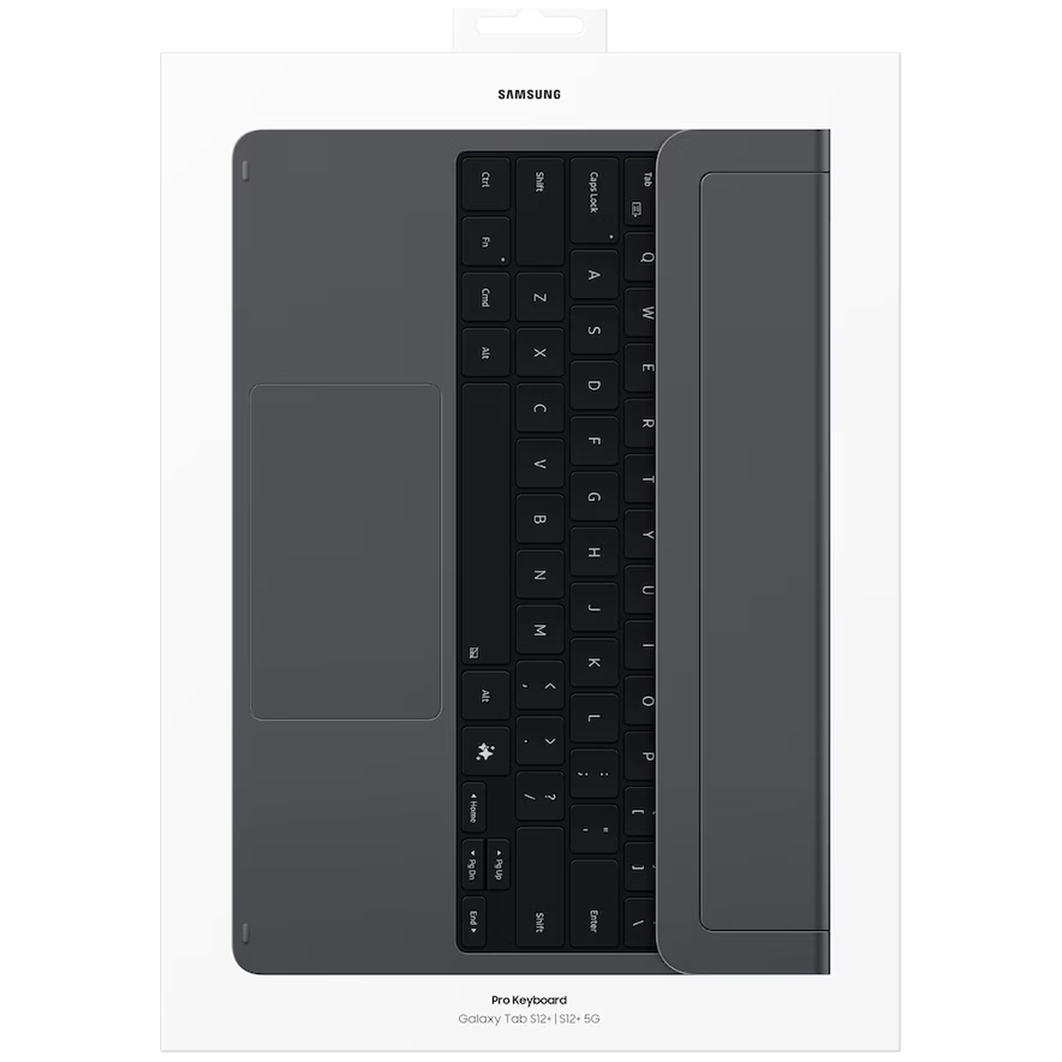 Een zwart Samsung Galaxy Tab Pro toetsenbord in de originele verpakking op een witte achtergrond.