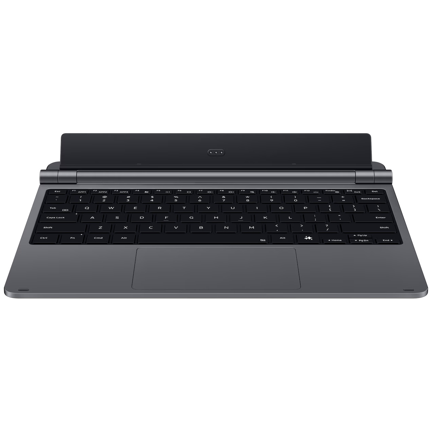 Een grijze tabletklaverhoes met touchpad, vanaf de voorkant tegen een witte achtergrond.