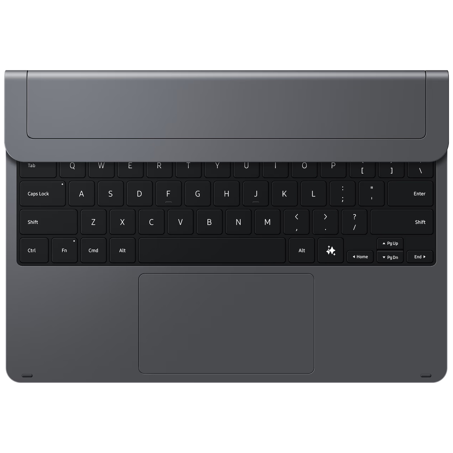 Een grijs toetsenbord met zwarte QWERTY-indeling en geïntegreerd touchpad op een vlakke ondergrond.