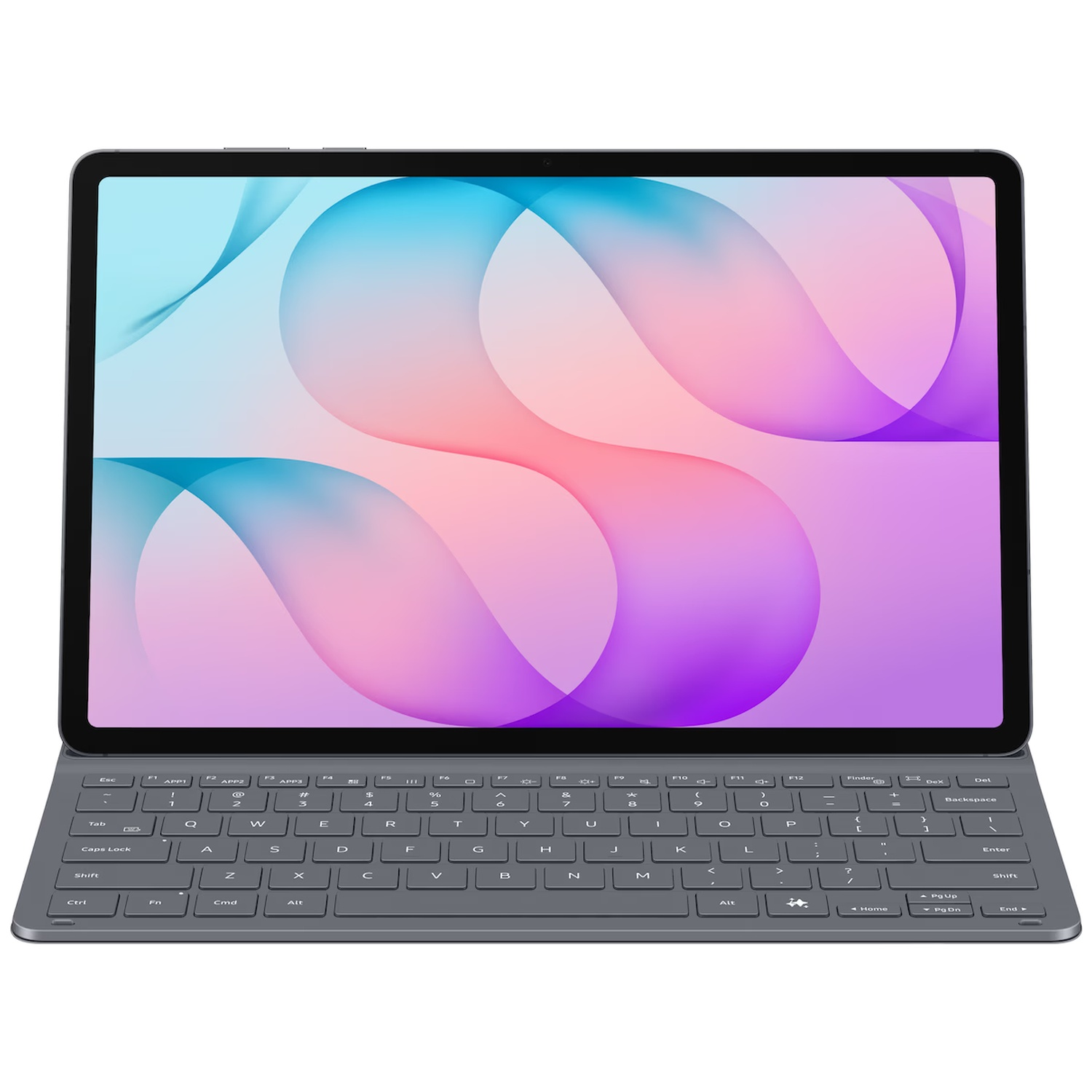 Een tablet met abstracte achtergrond en grijs toetsenbord, van voren gezien.