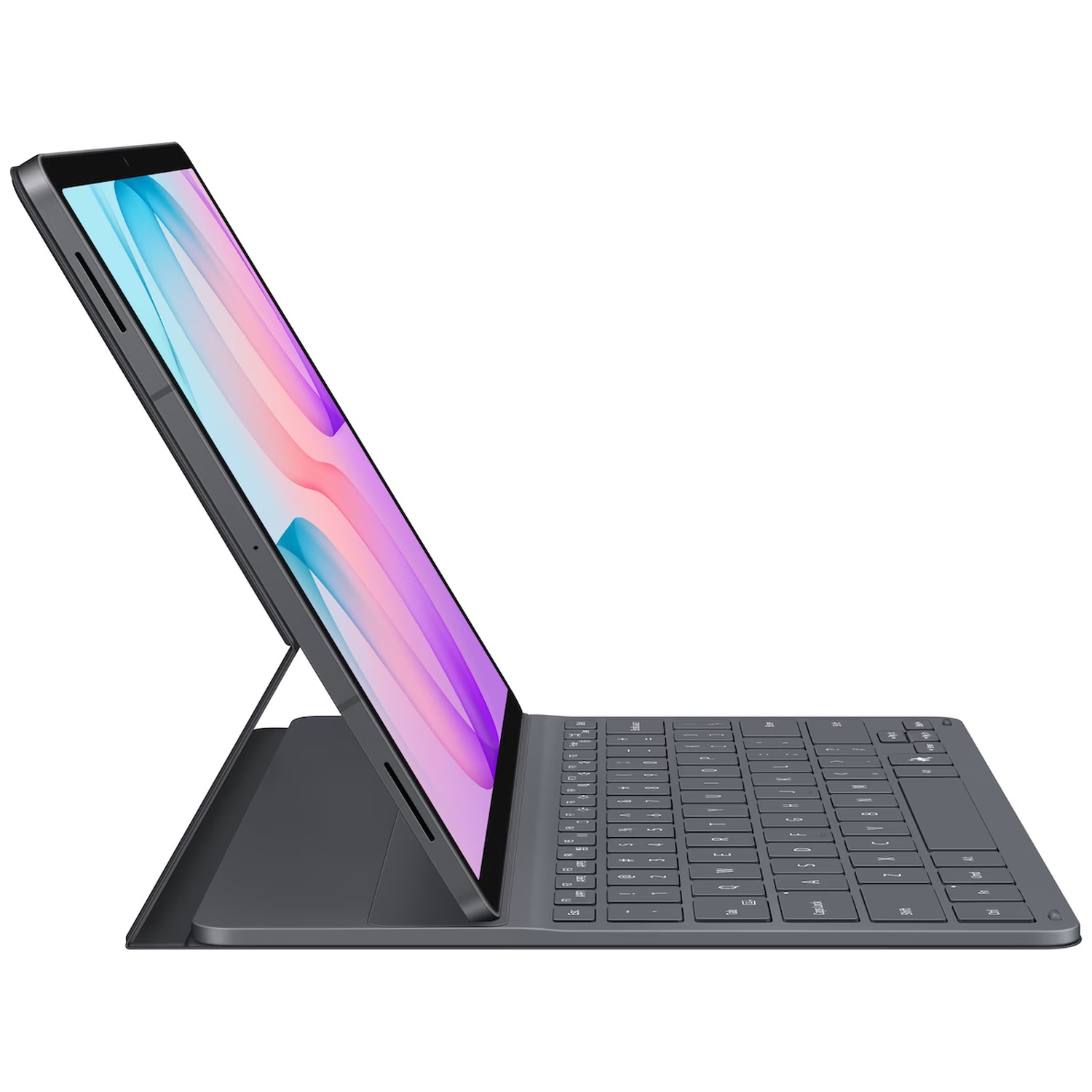 Zijaanzicht van een donkere tablet met kleurrijk abstract scherm, verbonden met bijpassende toetsenbordhoes.