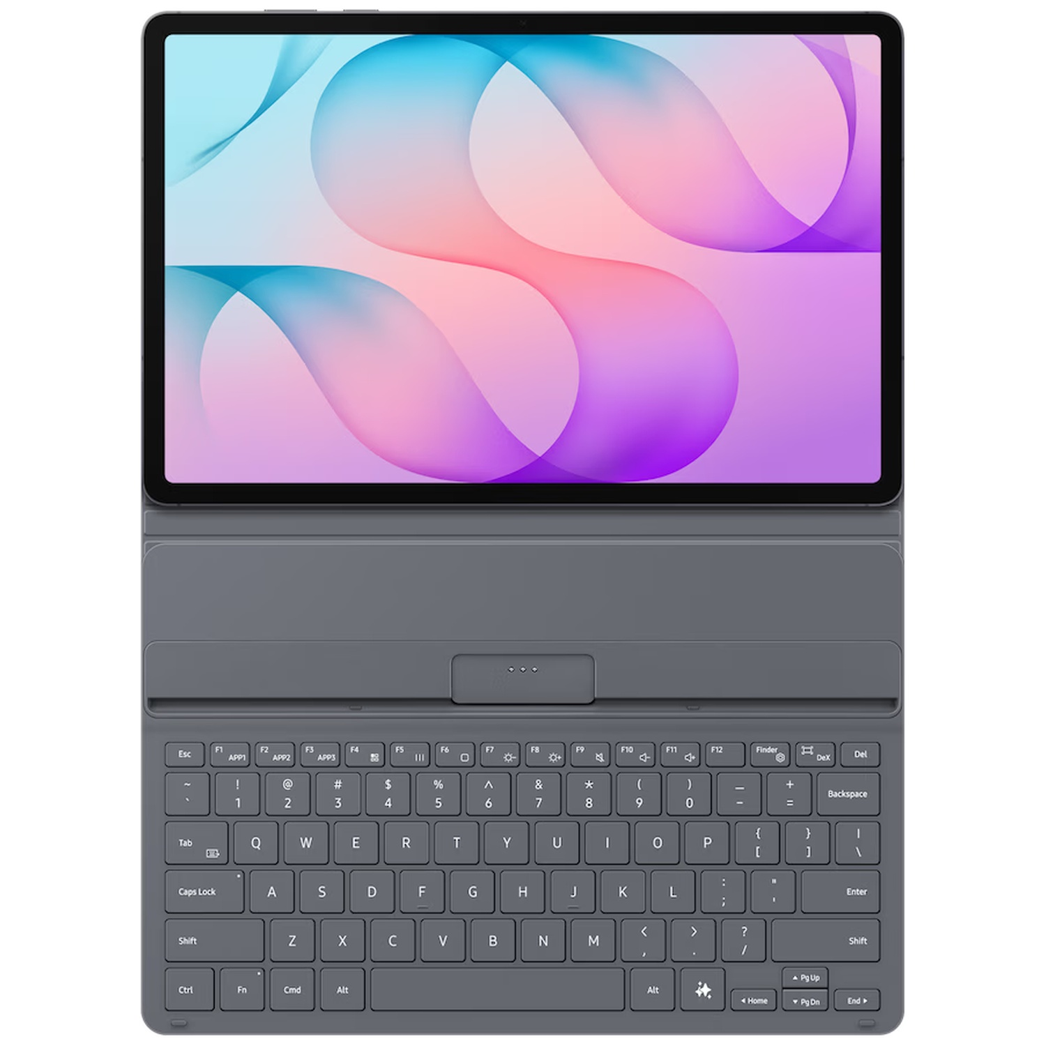 Een grijze tablet met kleurrijke abstracte achtergrond is bevestigd aan een bijpassende hoes.