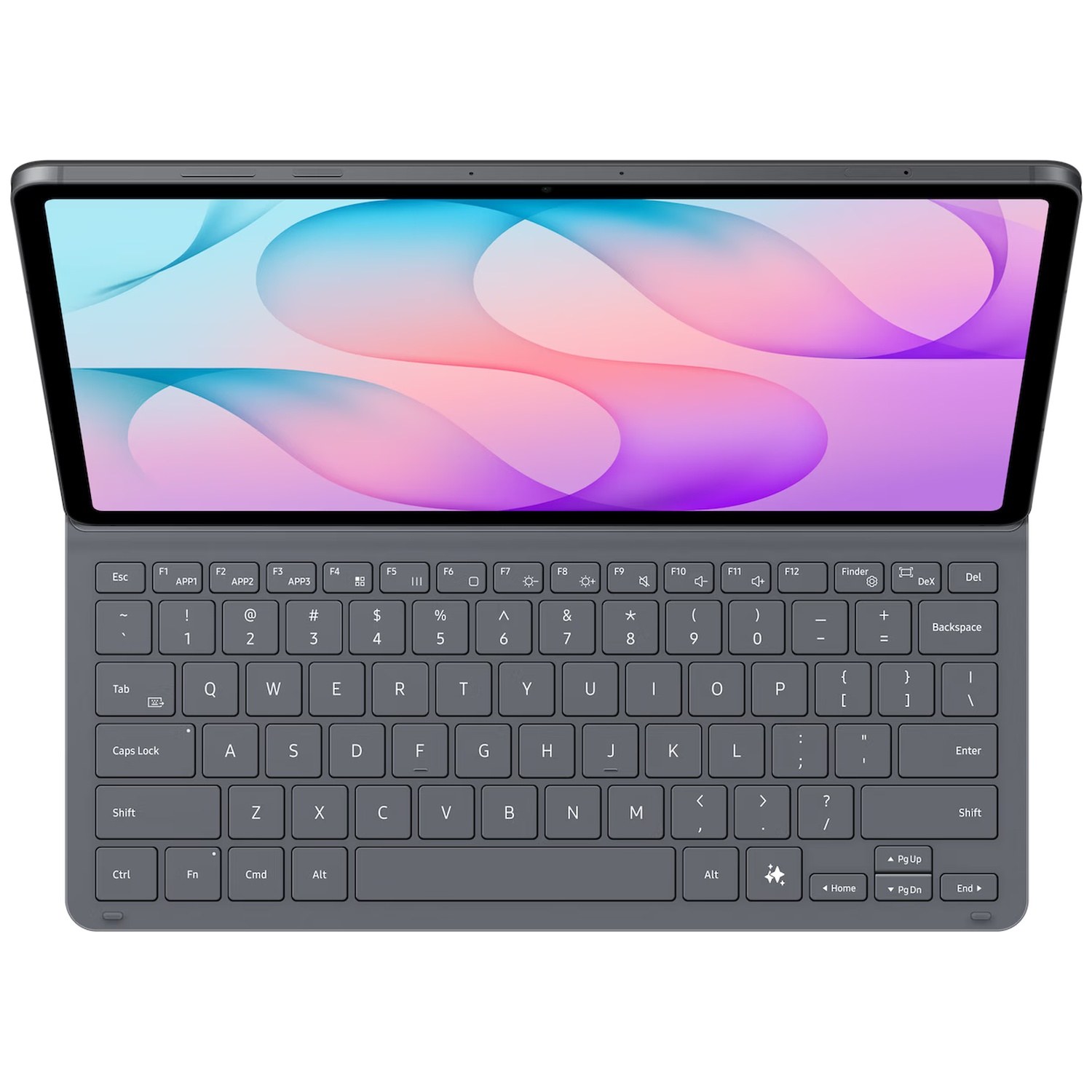 Grijze tablet met gekoppeld toetsenbord en abstracte blauw-roze achtergrond op het scherm.