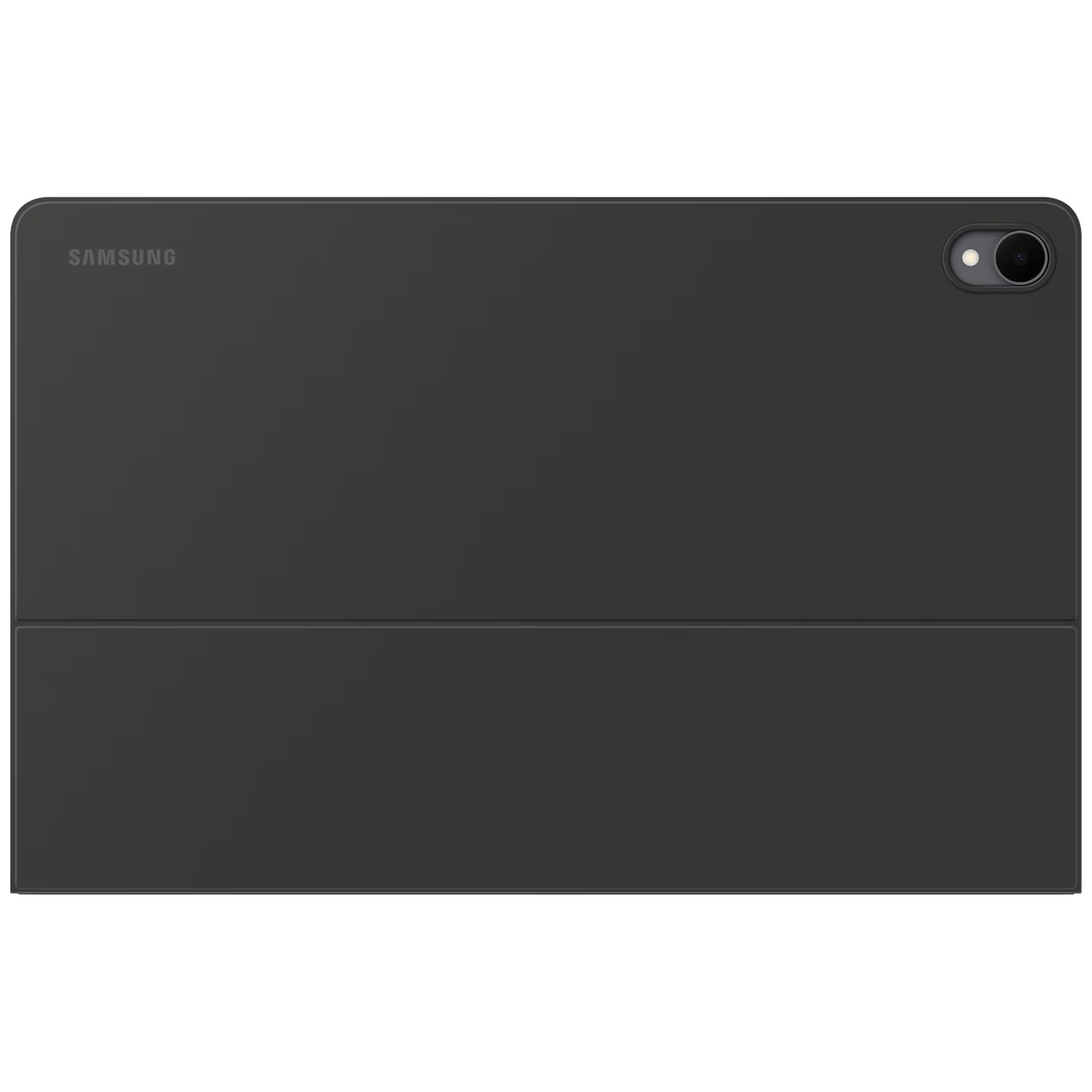 Achterkant van een grijze Samsung-tablet in een beschermhoes met een zichtbare camera.