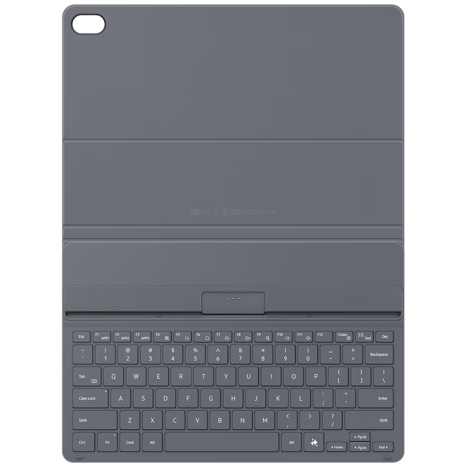 Donkergrijze tablethoes met geïntegreerd QWERTY-toetsenbord op een licht oppervlak.