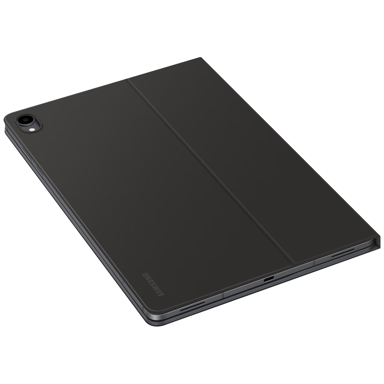 Achterkant van een zwarte Samsung-tablet in een hoesje, met camera en Samsung-logo op een witte achtergrond.