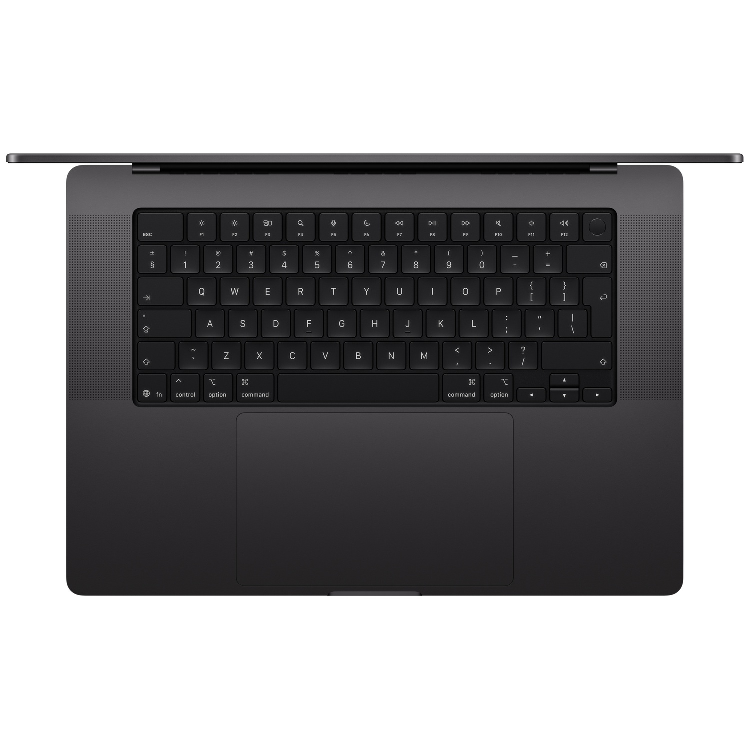 Top view of a laptop's dark keyboard and trackpad.