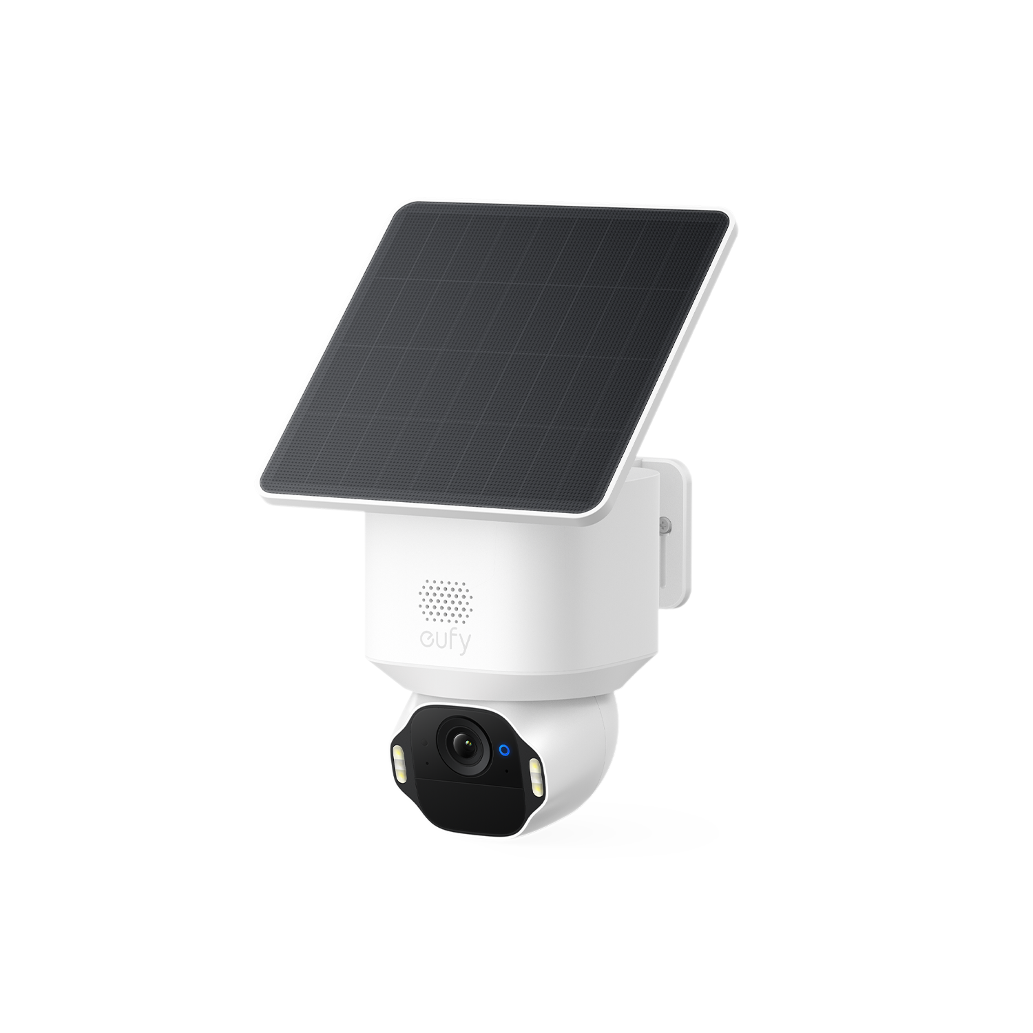 Eine weiße eufy Überwachungskamera mit einem Solarpanel oben, isoliert auf weißem Hintergrund.