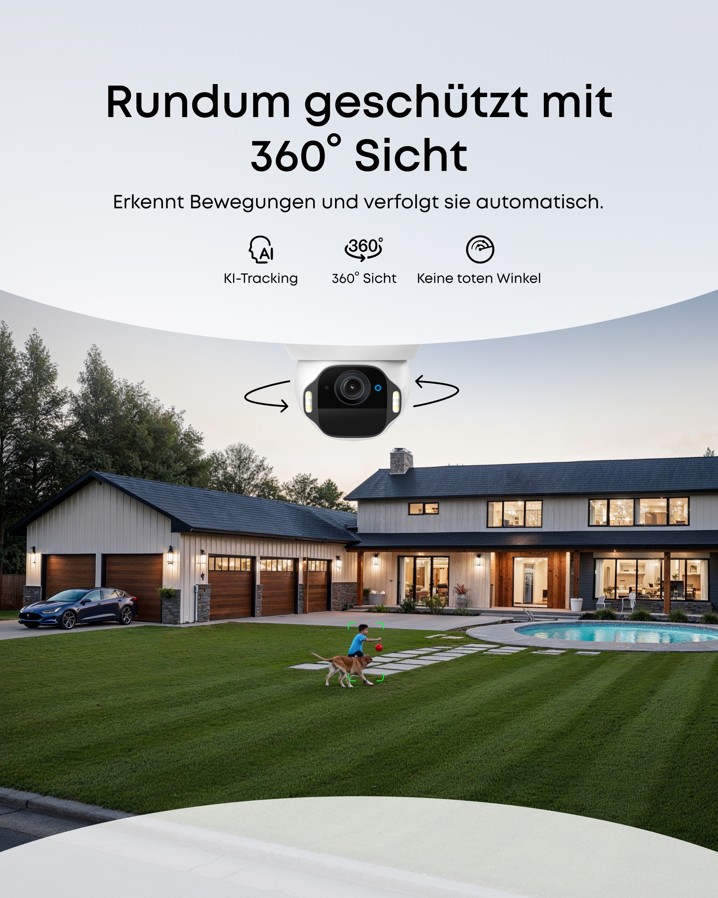 Überwachungskamera mit 360-Grad-Sicht über einem Haus mit Pool und Rasen.