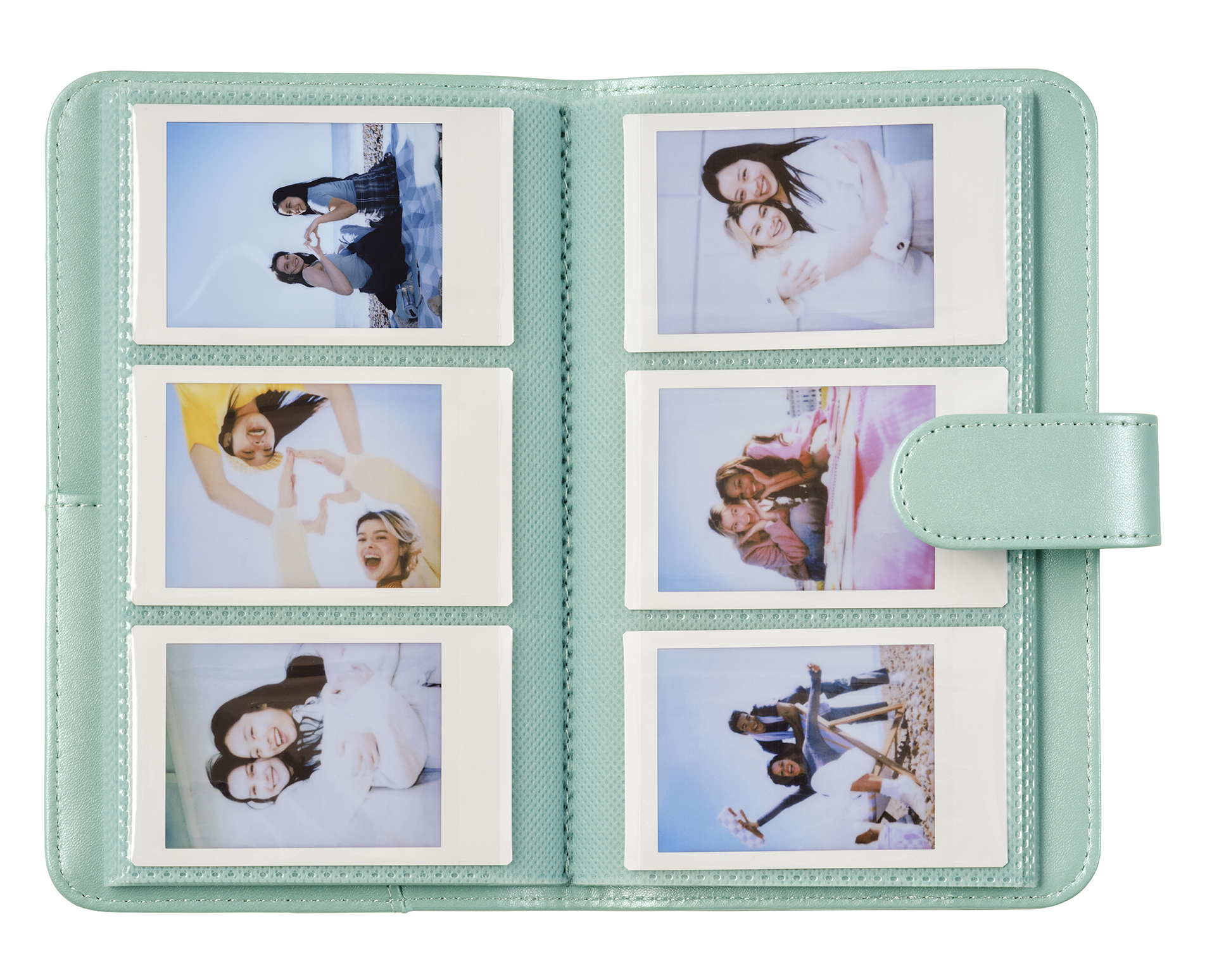 Miętowy mini album na zdjęcia zawierający sześć różnych zdjęć polaroid z uśmiechniętymi kobietami.