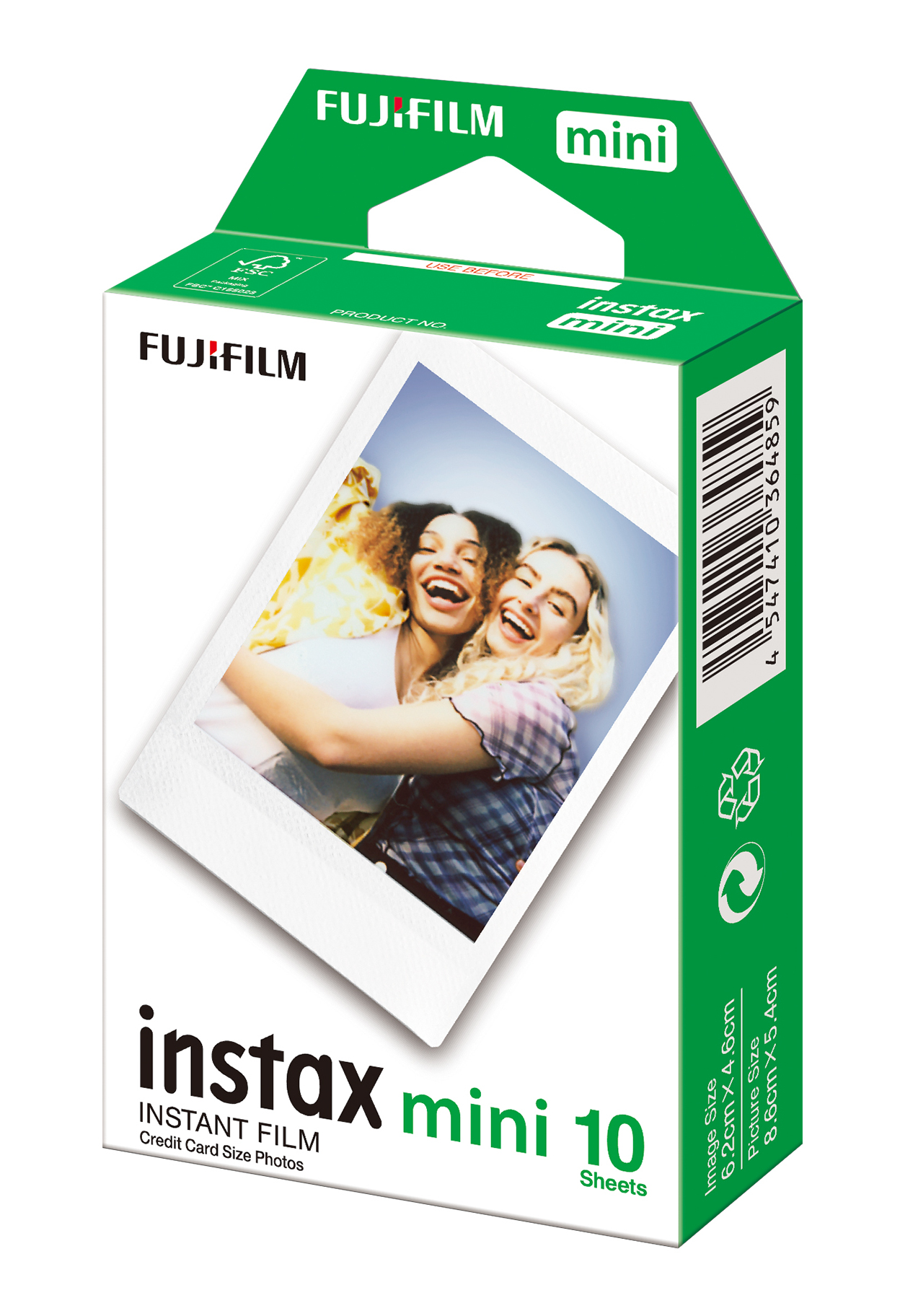 Biało-zielone pudełko filmu Fujifilm Instax Mini ze zdjęciem dwóch uśmiechniętych kobiet.