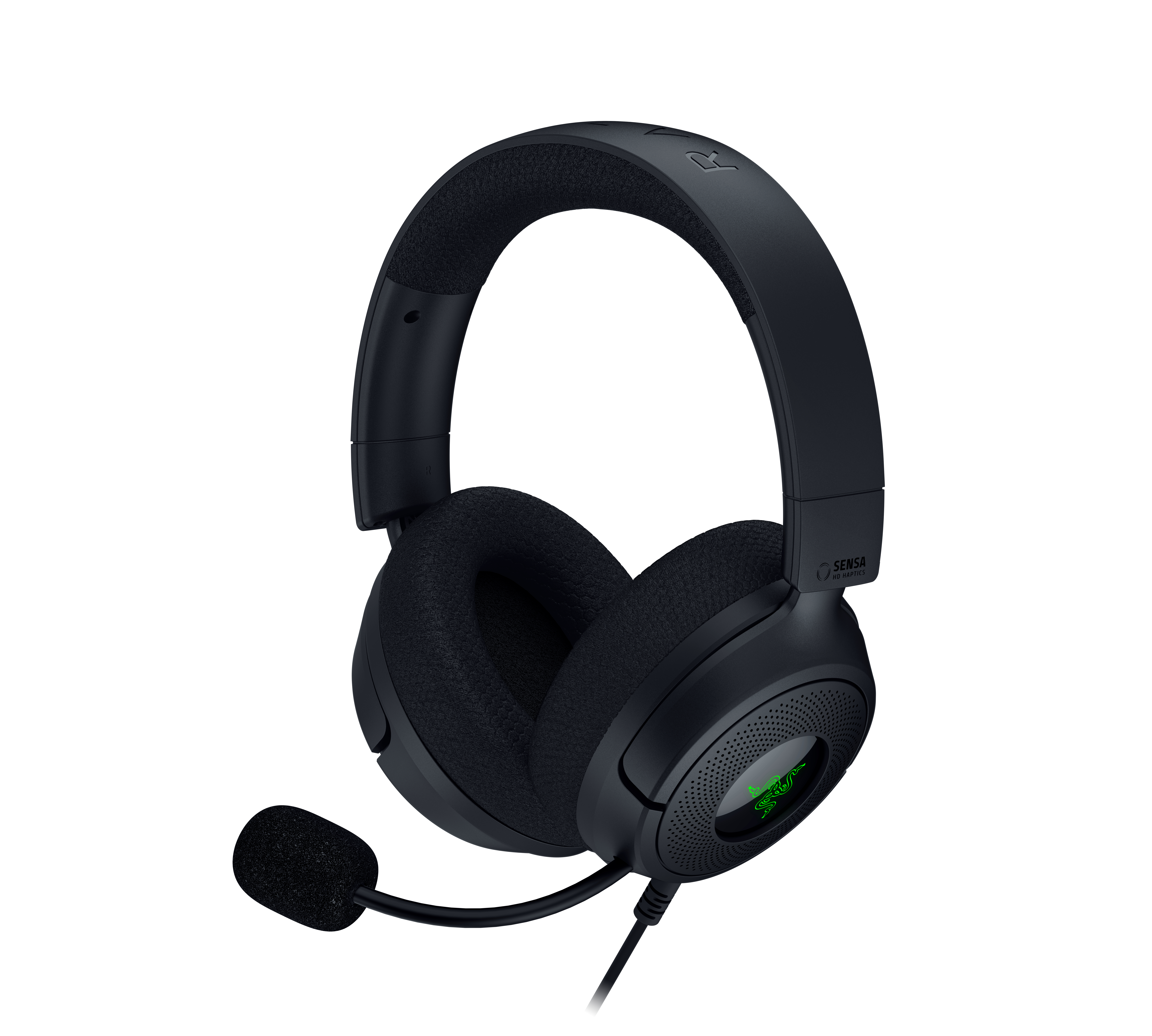 Schwarzes Gaming-Headset mit flexiblem Mikrofon, weichen Ohrpolstern und leuchtend grünem Razer-Logo.