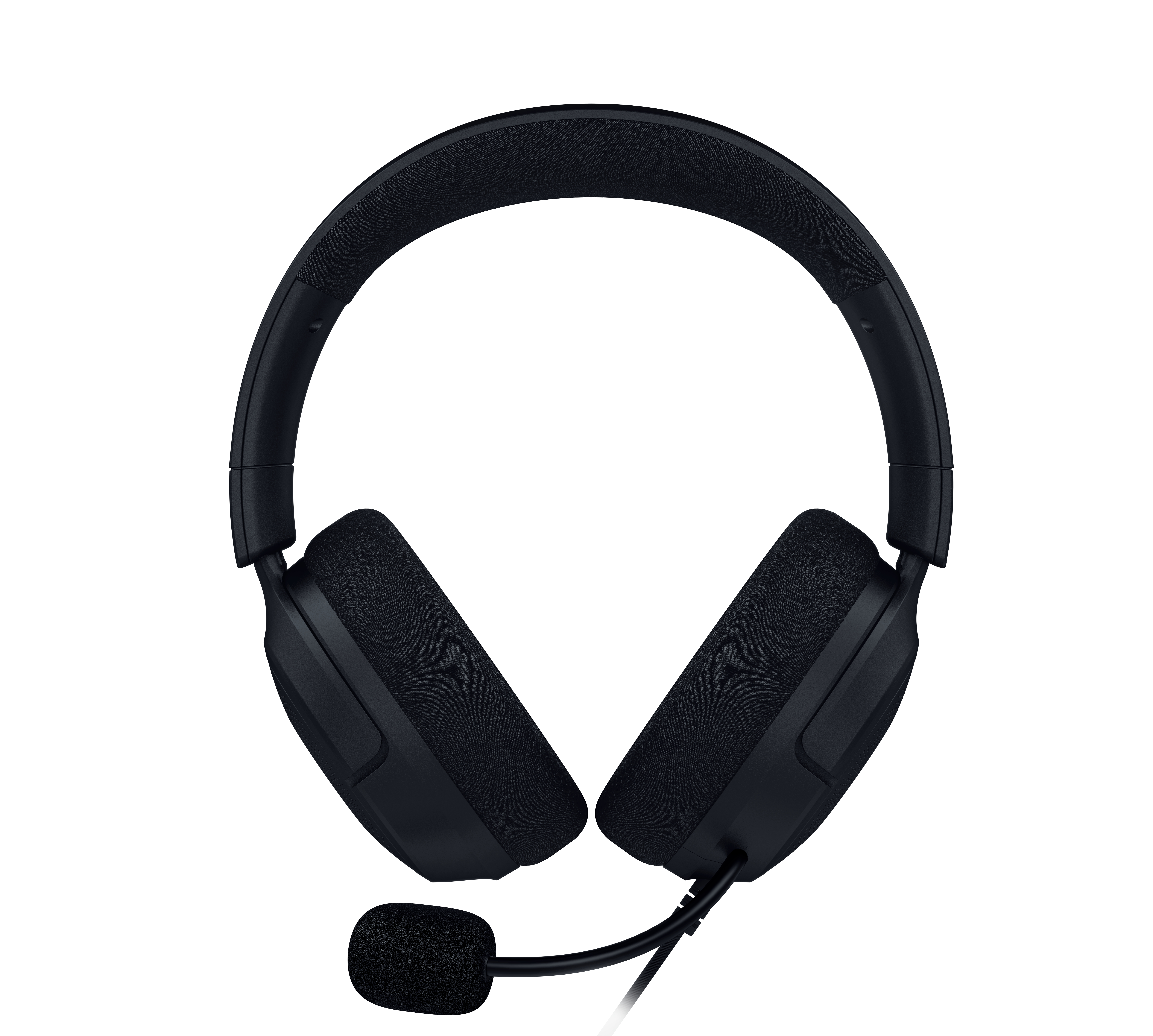 Schwarze Over-Ear-Gaming-Headset mit gepolsterten Ohrmuscheln und integriertem Mikrofon auf weißem Hintergrund.