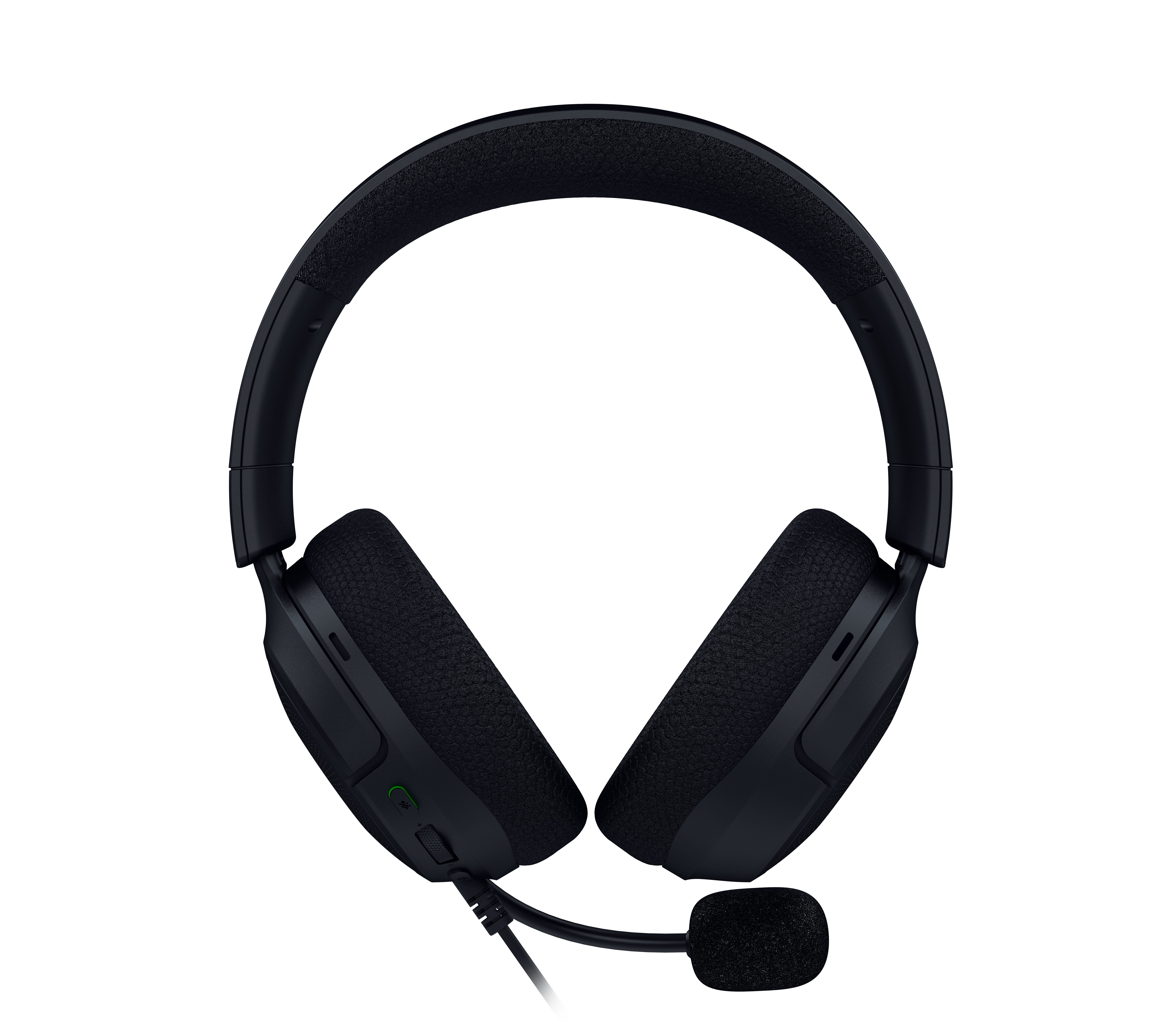 Schwarze Over-Ear-Kopfhörer mit gepolstertem Kopfbügel, Ohrmuscheln und einem angebrachten Mikrofon vor weißem Hintergrund.