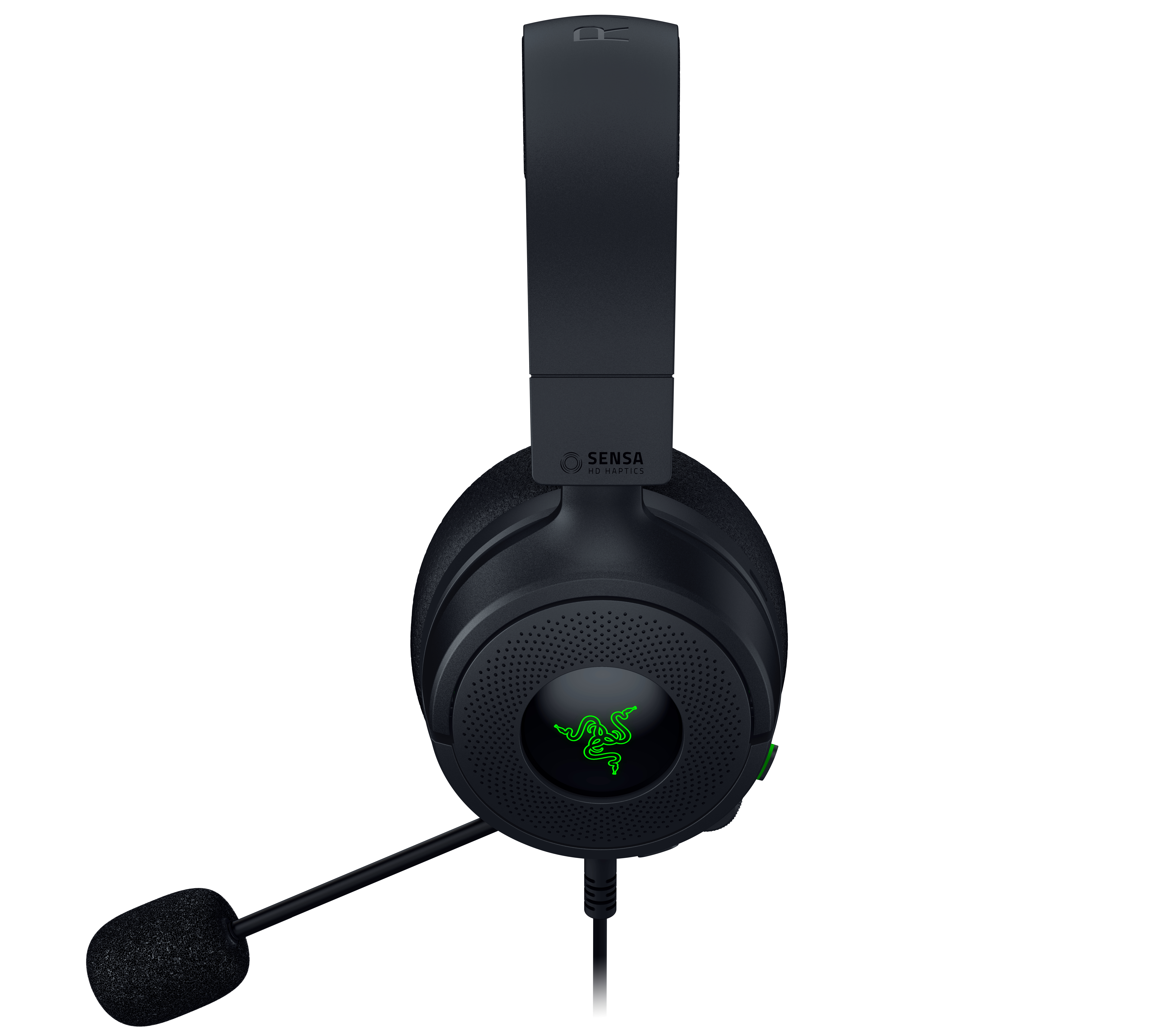 Schwarzes Gaming-Headset mit leuchtend grünem Razer-Logo auf der Ohrmuschel und angeschlossenem Mikrofon.