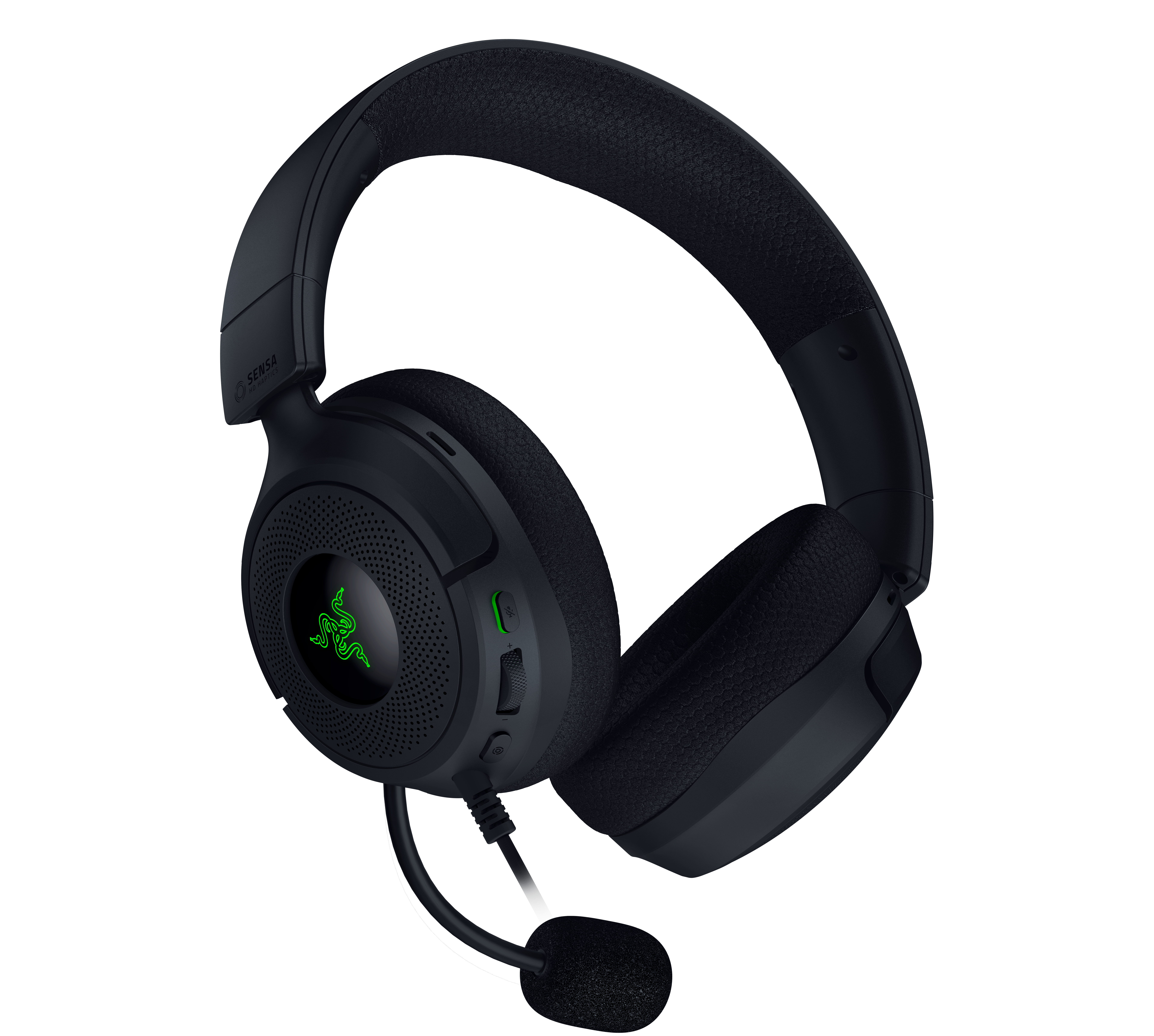 Schwarzes Gaming-Headset mit Mikrofon und leuchtend grünem Razer-Logo auf der Ohrmuschel.