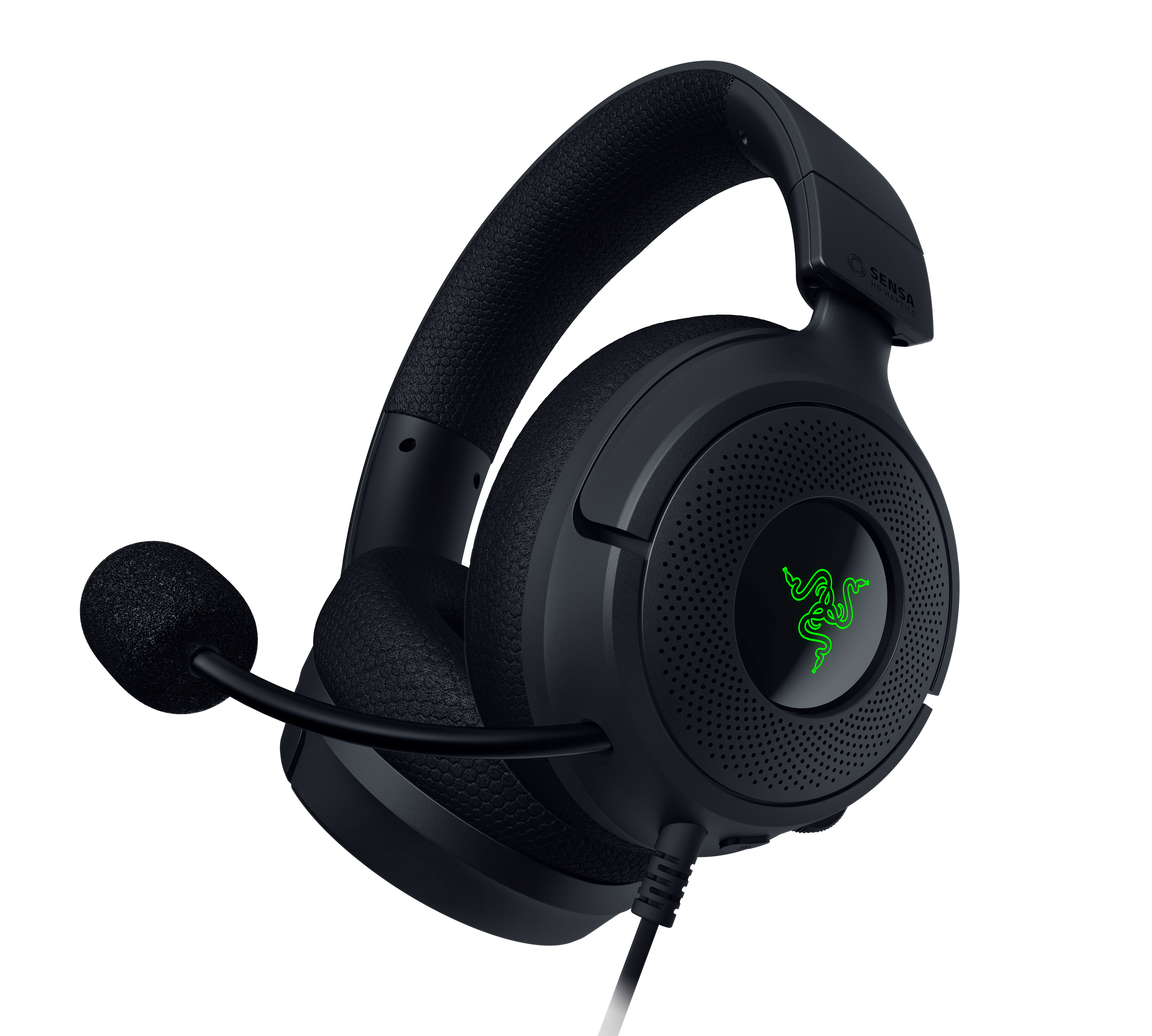 Schwarzes Gaming-Headset mit Mikrofon und grün leuchtendem Razer-Logo auf der Ohrmuschel, vor weißem Hintergrund.
