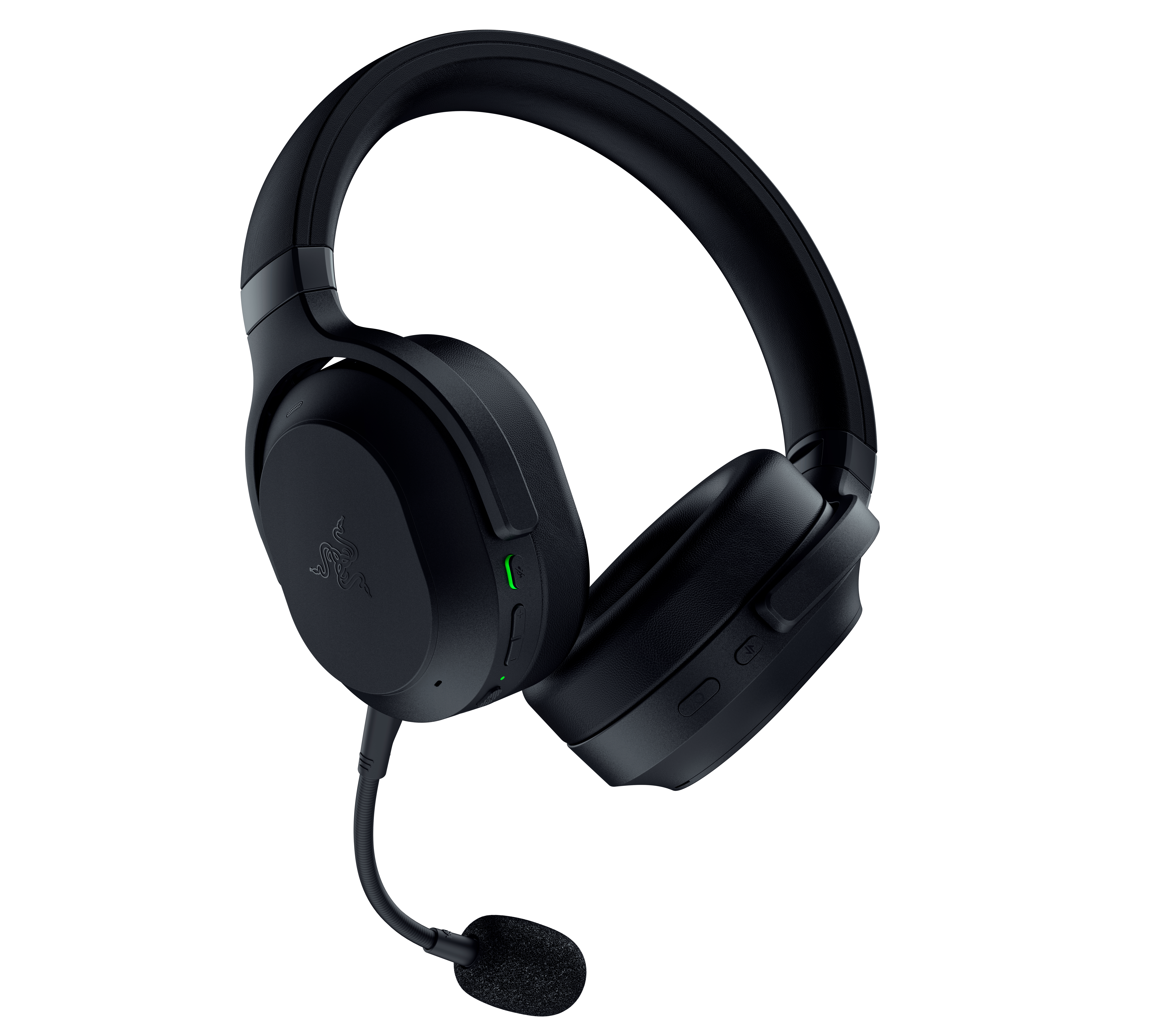 Schwarze Over-Ear-Gaming-Headset mit biegsamem Mikrofon und grünem Akzentlicht.