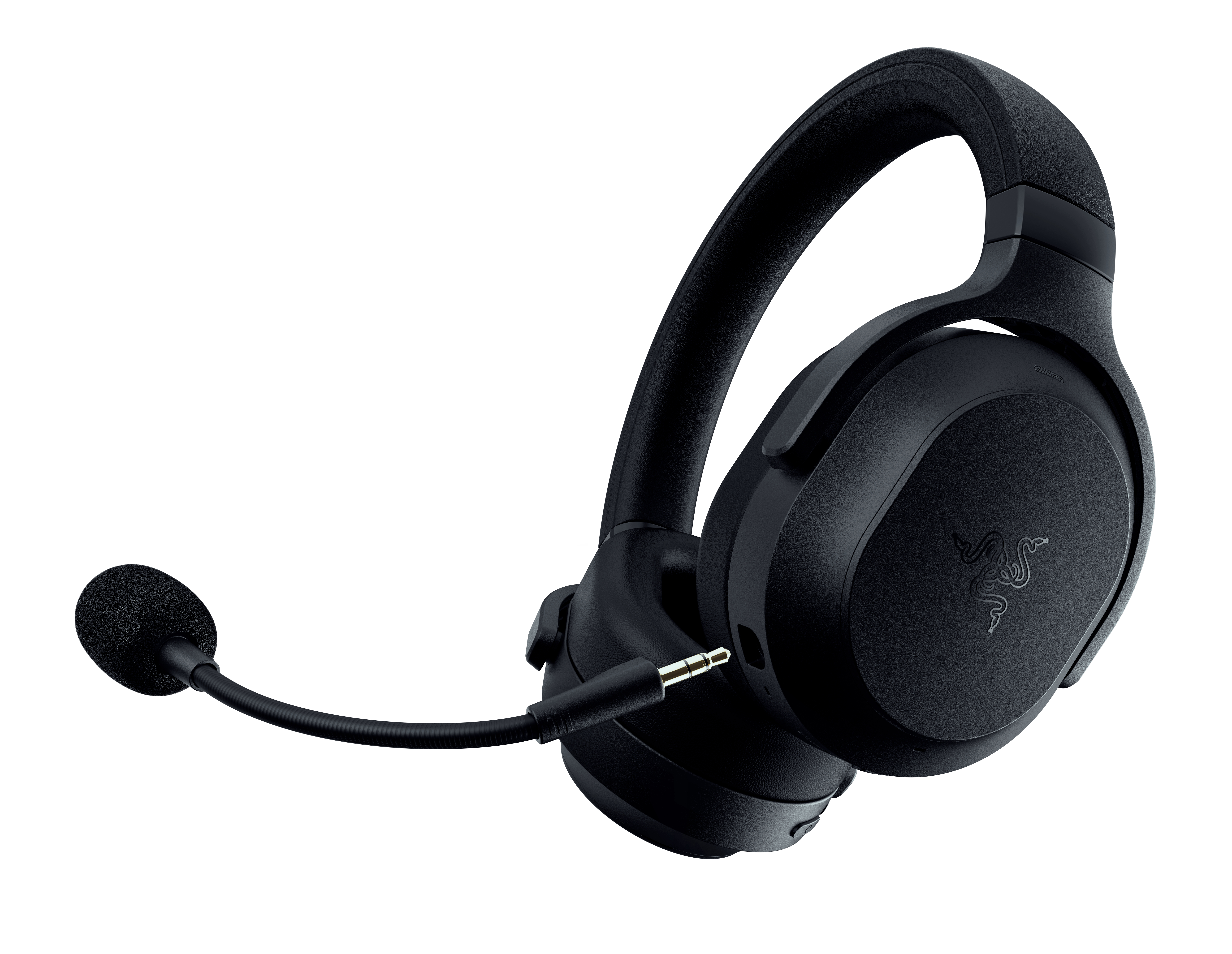 Schwarzes Gaming-Headset mit abnehmbarem Mikrofon auf weißem Hintergrund.