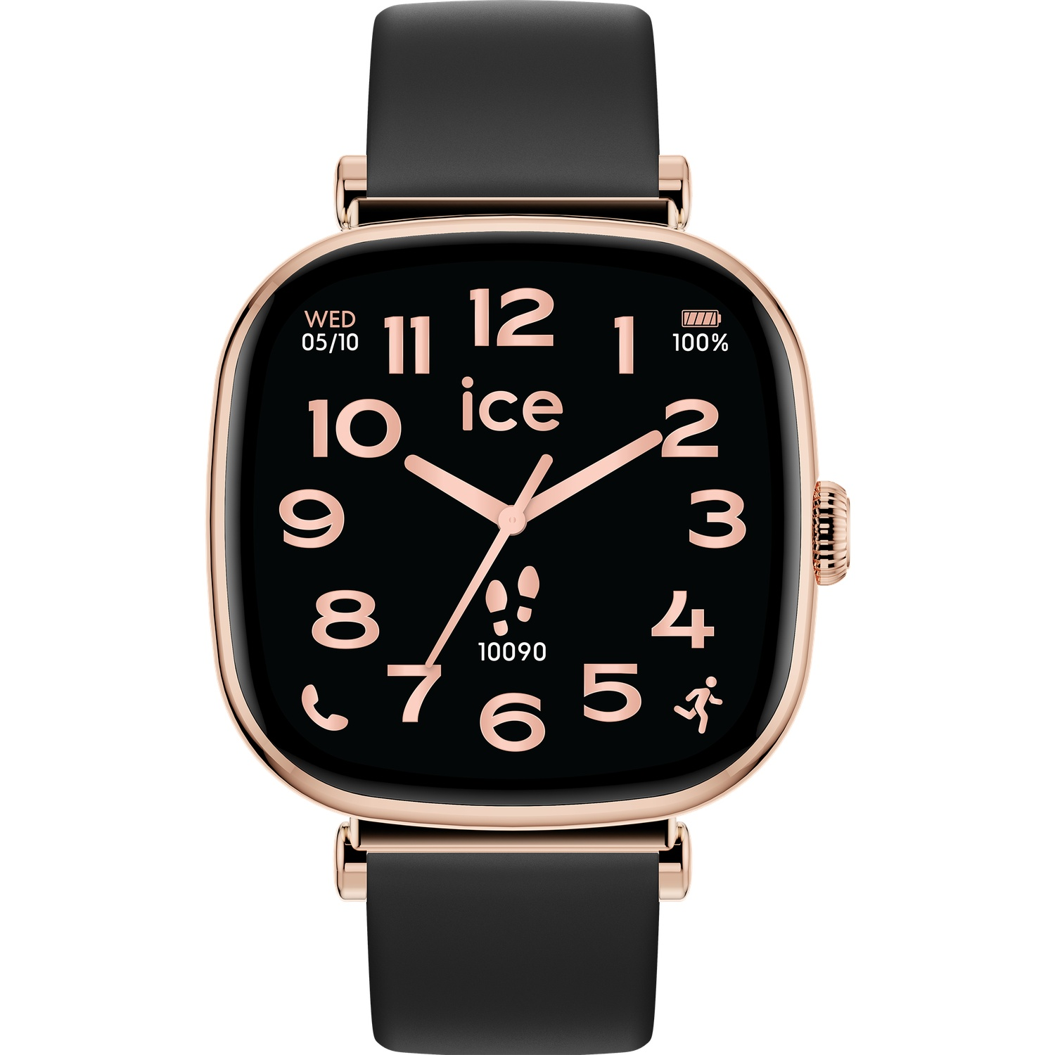 A rose gold smartwatch with a black digital display, rose gold numbers, hands, and a black leather strap.