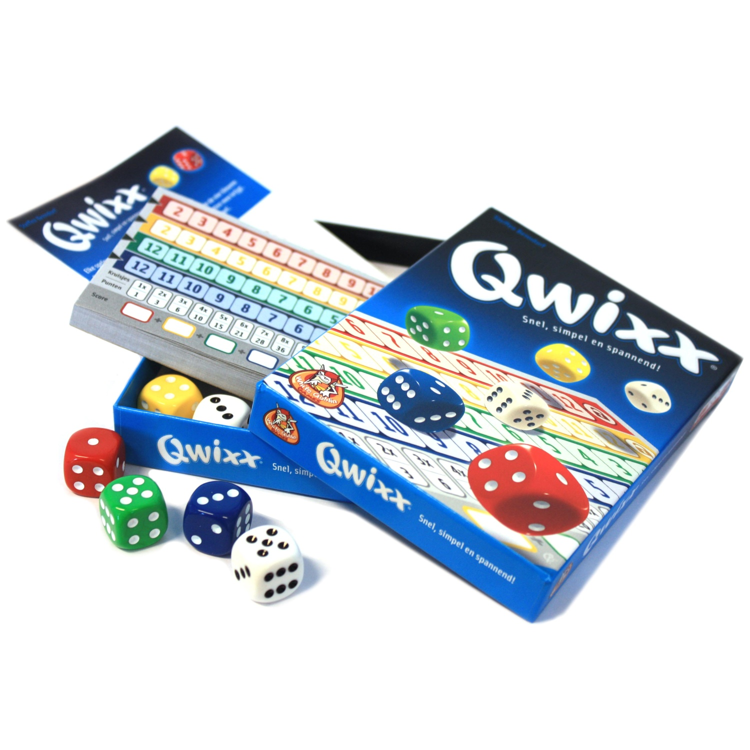The Qwixx board game with a blue box, colorful dice, and an open score pad on a white background.