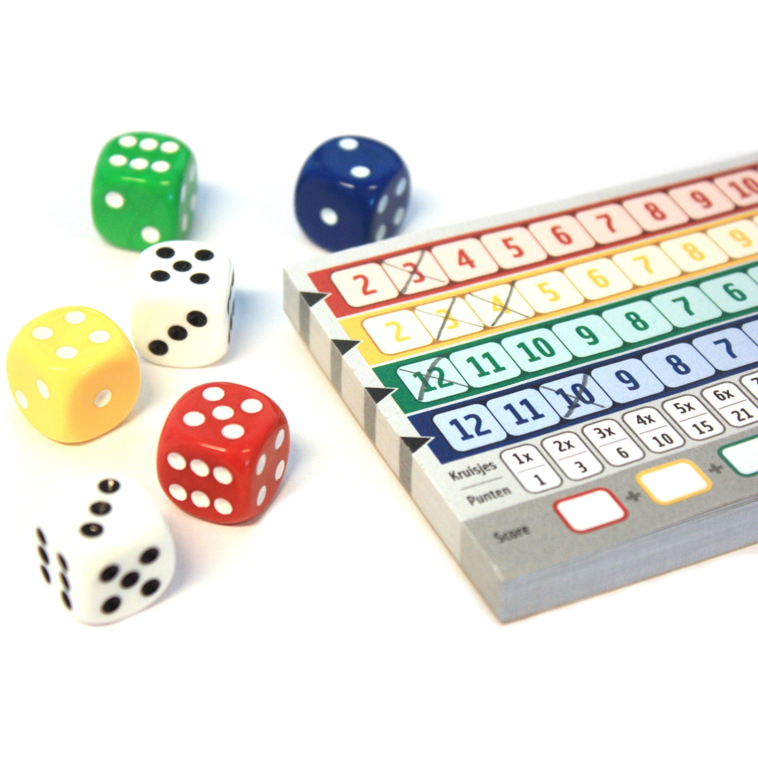 Colorful dice lie next to a scoring pad with various rows of numbers and checked-off boxes.