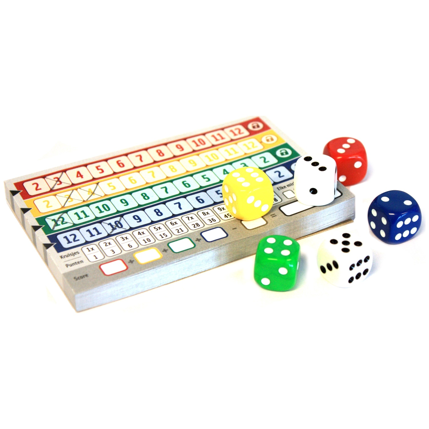 A colorful scoring pad and six dice in various colors are on a white background.